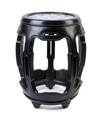 A Blue and White Porcelain Inset Black Lacquered Elmwood Stool