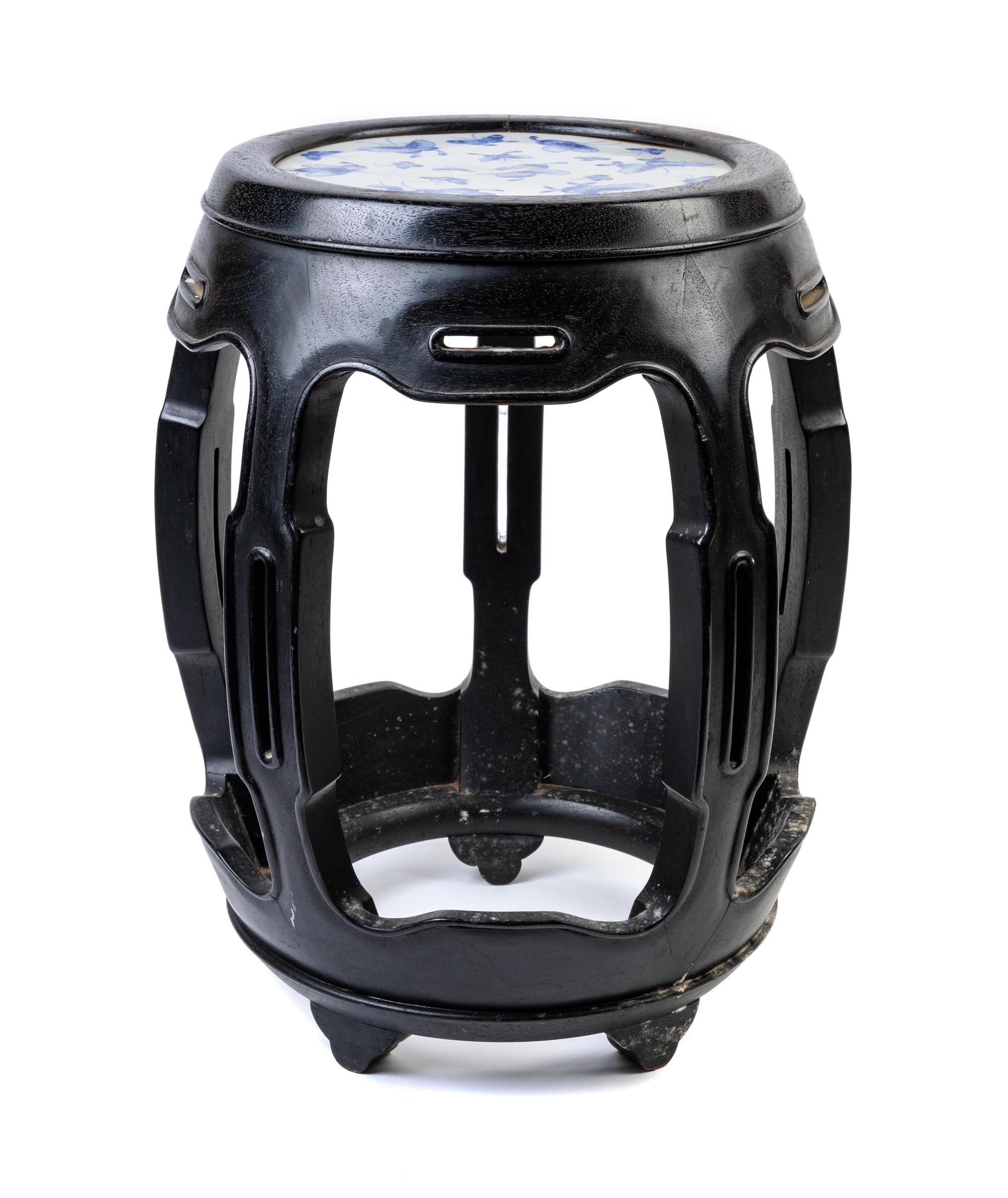 A Blue and White Porcelain Inset Black Lacquered Elmwood Stool