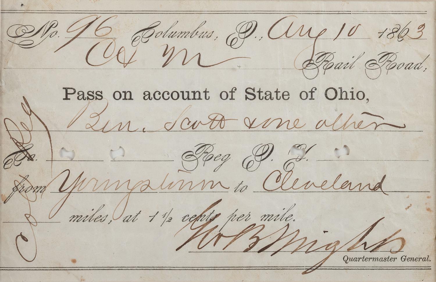 [CIVIL WAR]. Railroad pass for Benjamin Scott on his way to enlist with a "Col[ored] Reg[iment]. Columbus, OH, 10 August 1863. [ With :] DENNISON, William (1815-1882). Partly printed document signed ("W Dennison"), as Governor of Ohio. 1861.