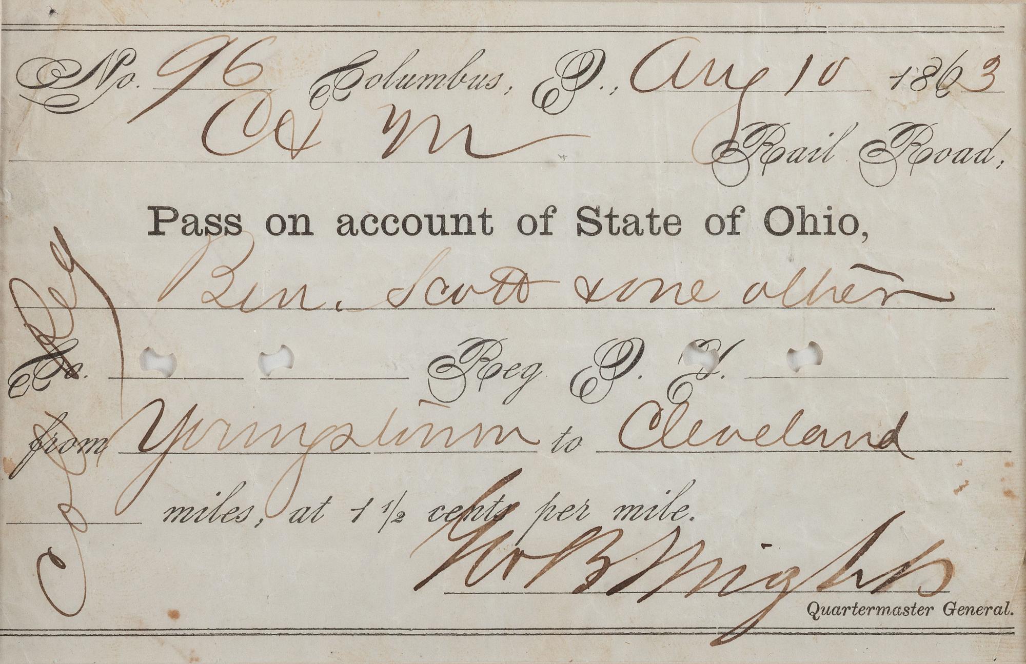 [CIVIL WAR]. Railroad pass for Benjamin Scott on his way to enlist with a "Col[ored] Reg[iment]. Columbus, OH, 10 August 1863. [ With :] DENNISON, William (1815-1882). Partly printed document signed ("W Dennison"), as Governor of Ohio. 1861.
