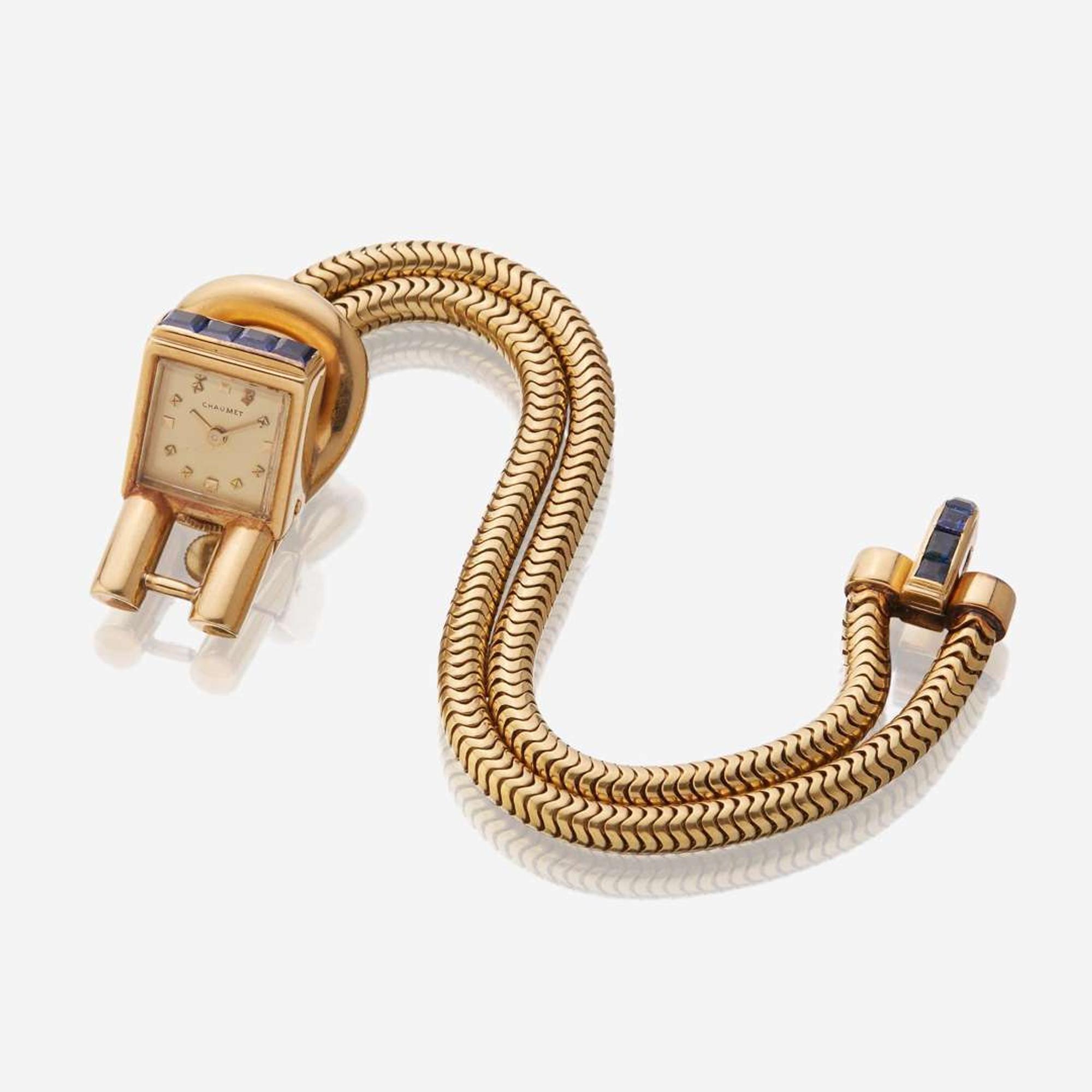An eighteen karat gold and synthetic sapphire bracelet watch, Chaumet France, circa 1940s