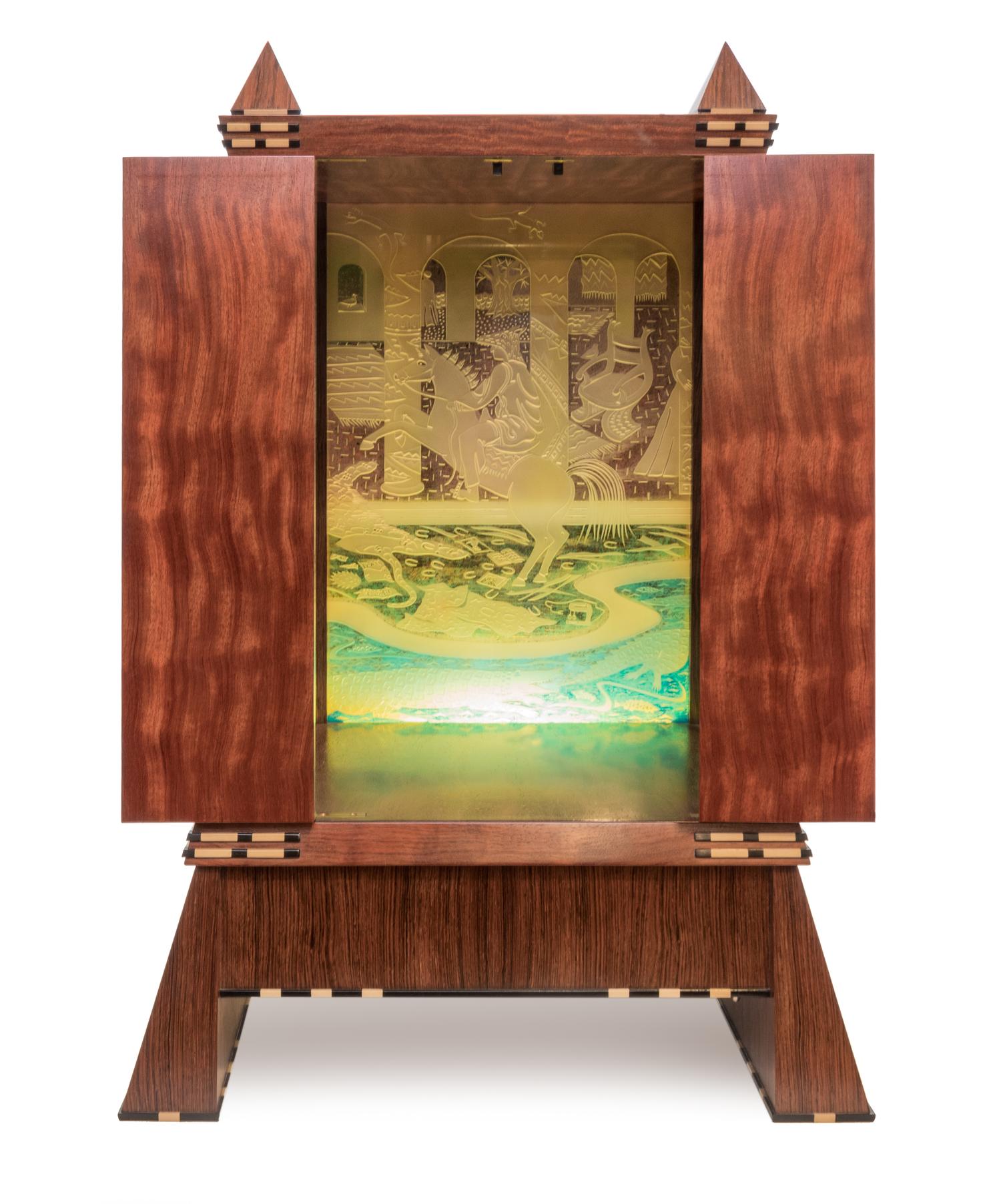 Mystery on the Nile , 1987 Cabinet with Illuminated Glass Interior produced in collaboration with Parker McComas