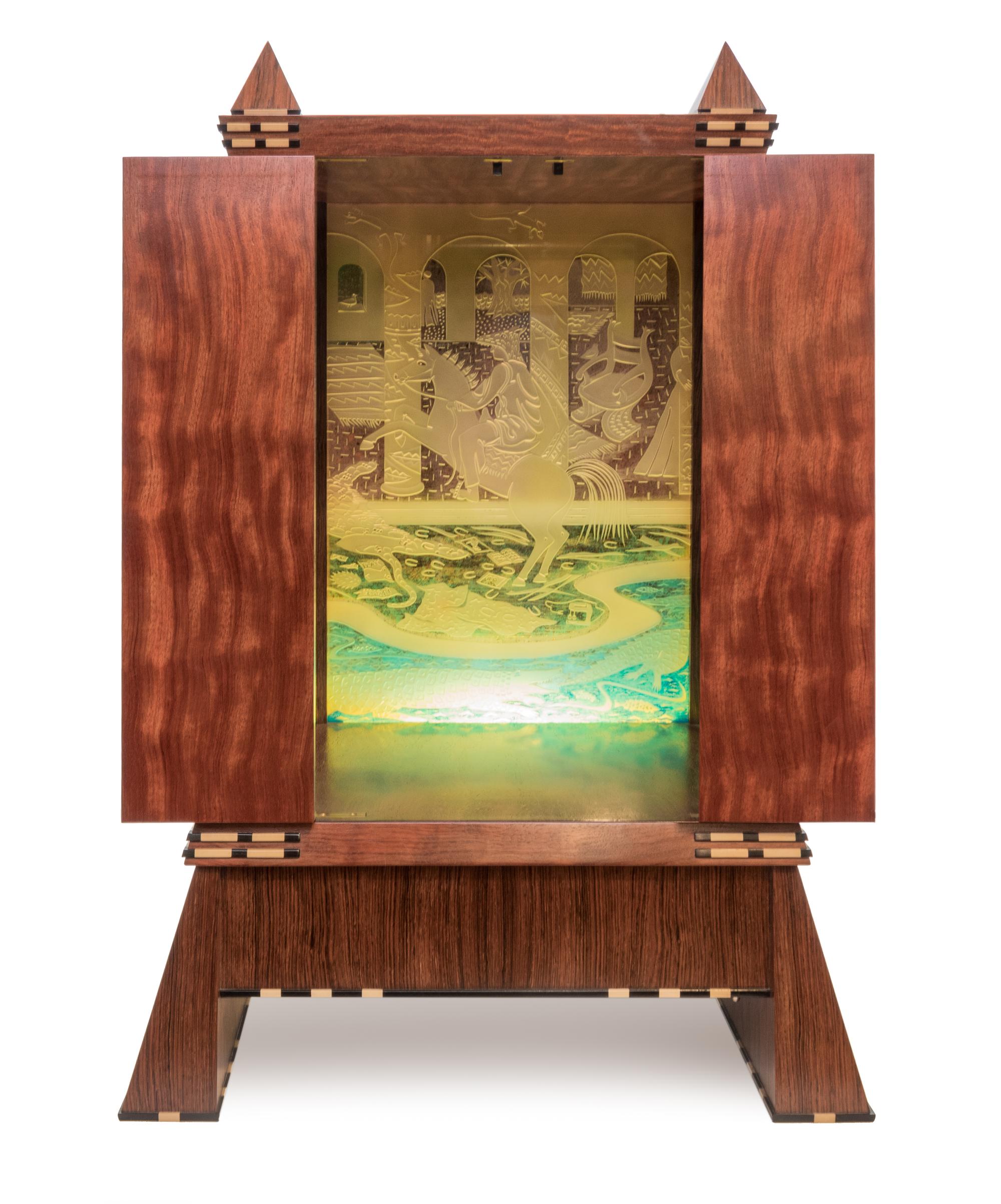 Mystery on the Nile , 1987 Cabinet with Illuminated Glass Interior produced in collaboration with Parker McComas