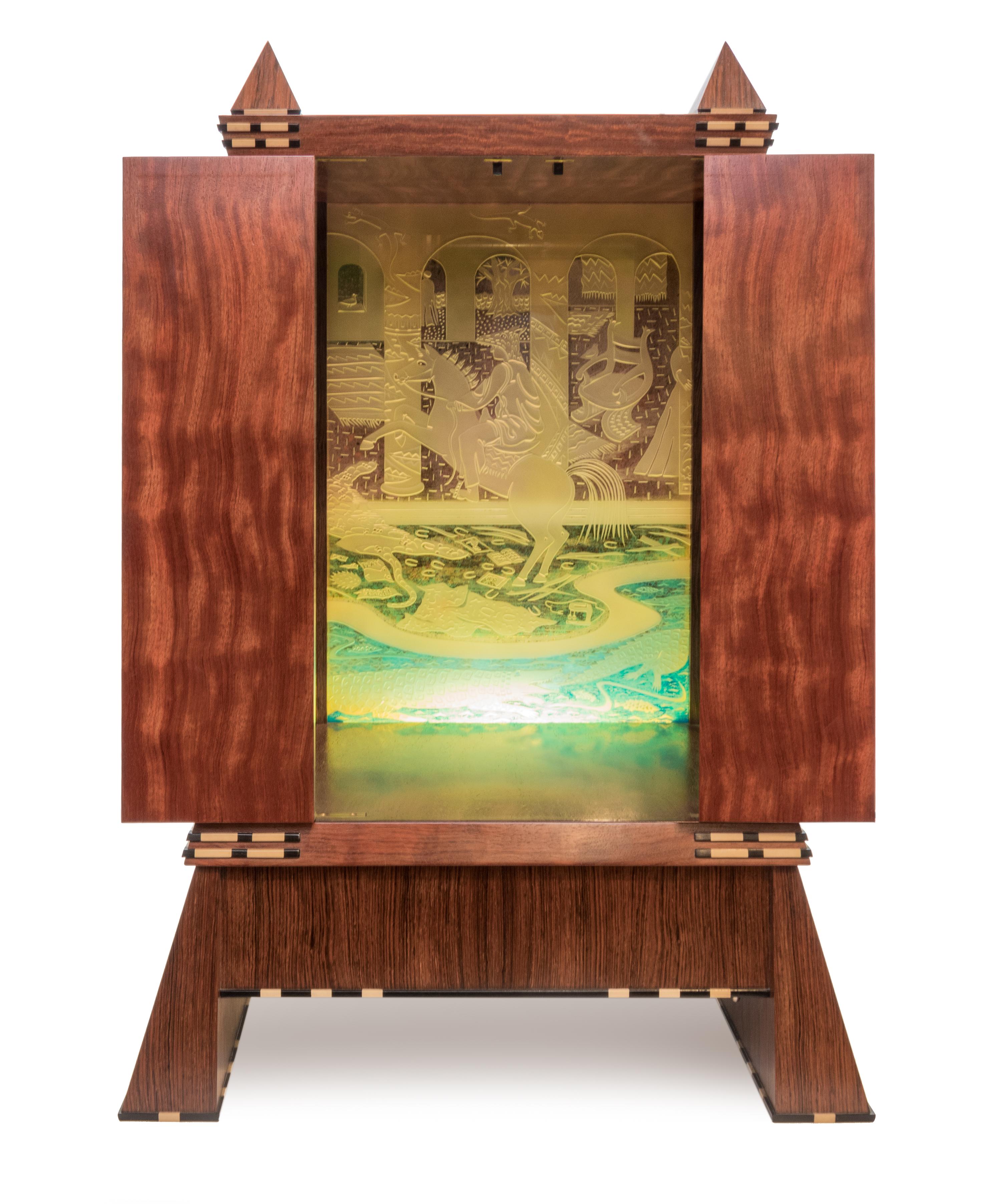 Mystery on the Nile , 1987 Cabinet with Illuminated Glass Interior produced in collaboration with Parker McComas