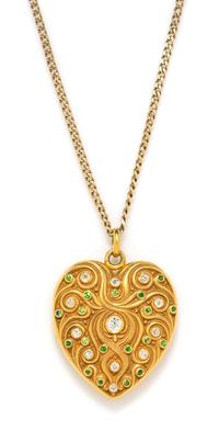 An Art Nouveau 14 Karat Yellow Gold, Diamond and Demantoid Garnet Heart Shaped Locket, Carter, Gough & Co., 19.40 dwts.