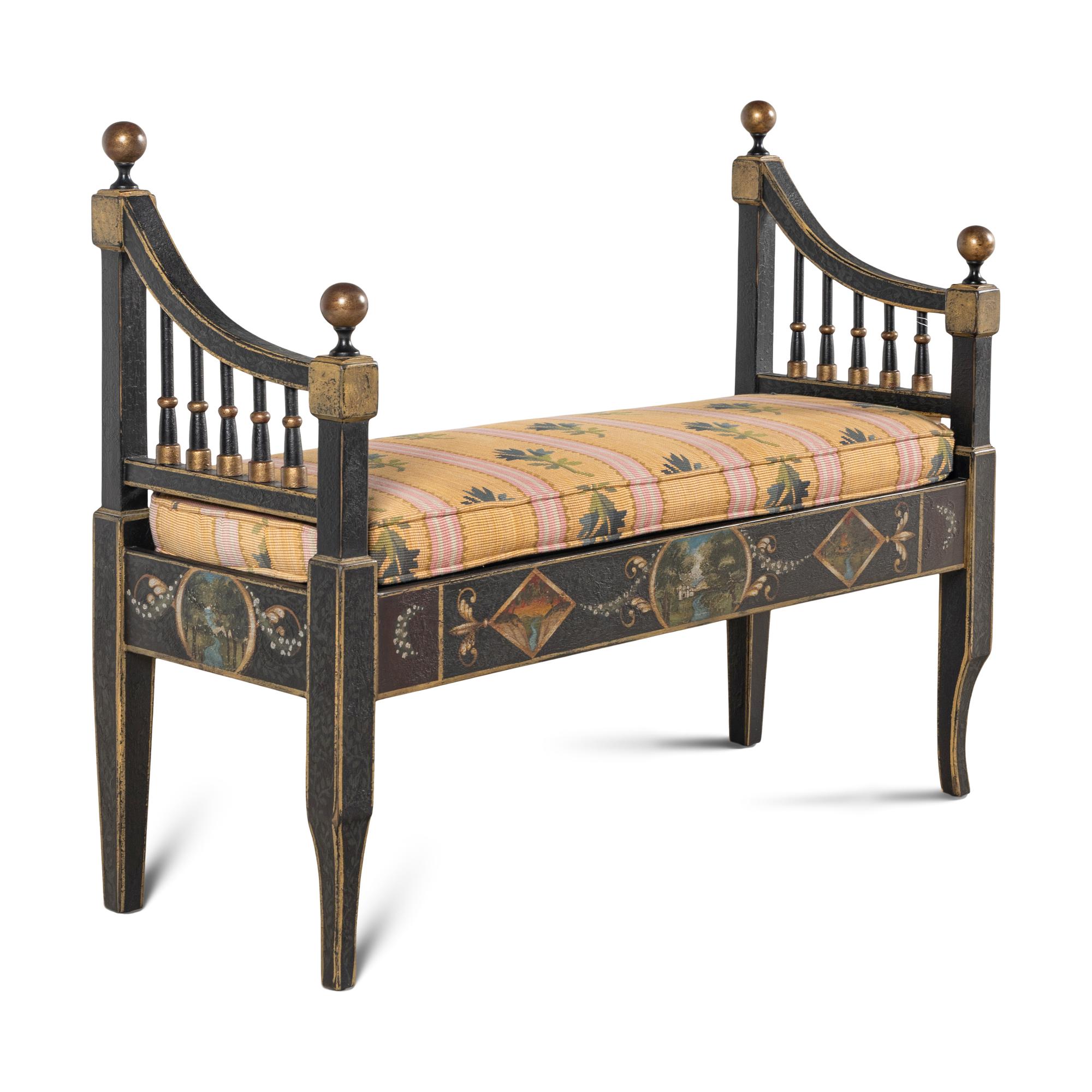 A Black and Polychrome-Painted Window Bench