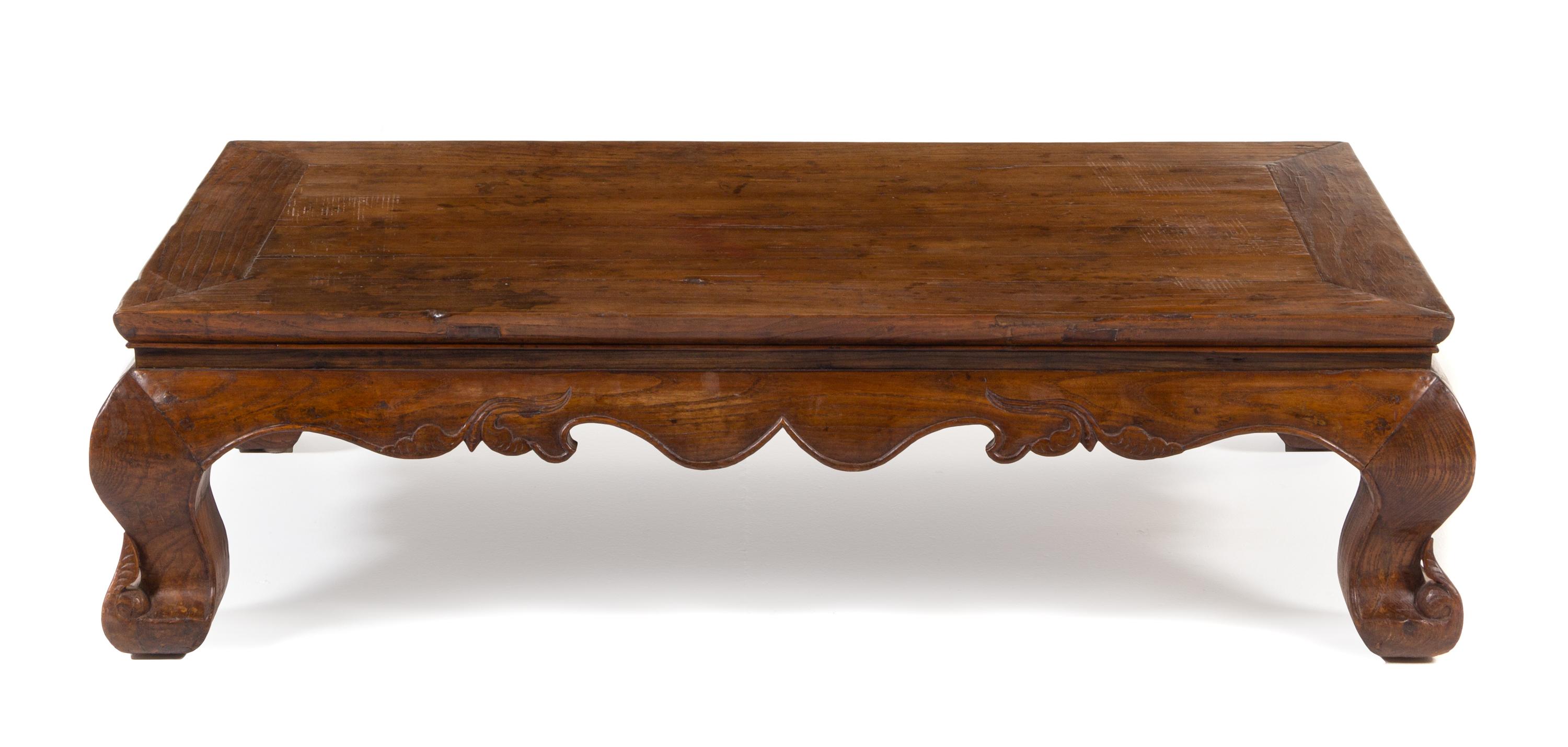 A Chinese Hardwood Kang Table Kangzhuo Height 12 x width 44 x depth 20 inches. — 18TH/19TH CENTURY