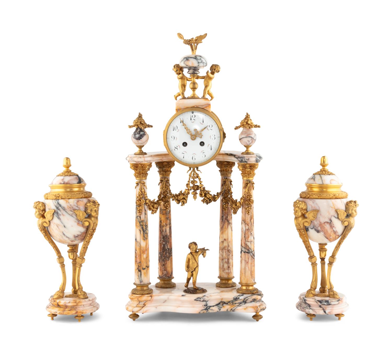 A French Gilt Bronze and Marble Mantel Clock Garniture