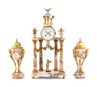 A French Gilt Bronze and Marble Mantel Clock Garniture