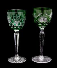 Twelve Bohemian Green-Cut-to-Clear Crystal Stemmed Wines Height of taller three 8 1/4 inches. — EARLY 20TH CENTURY