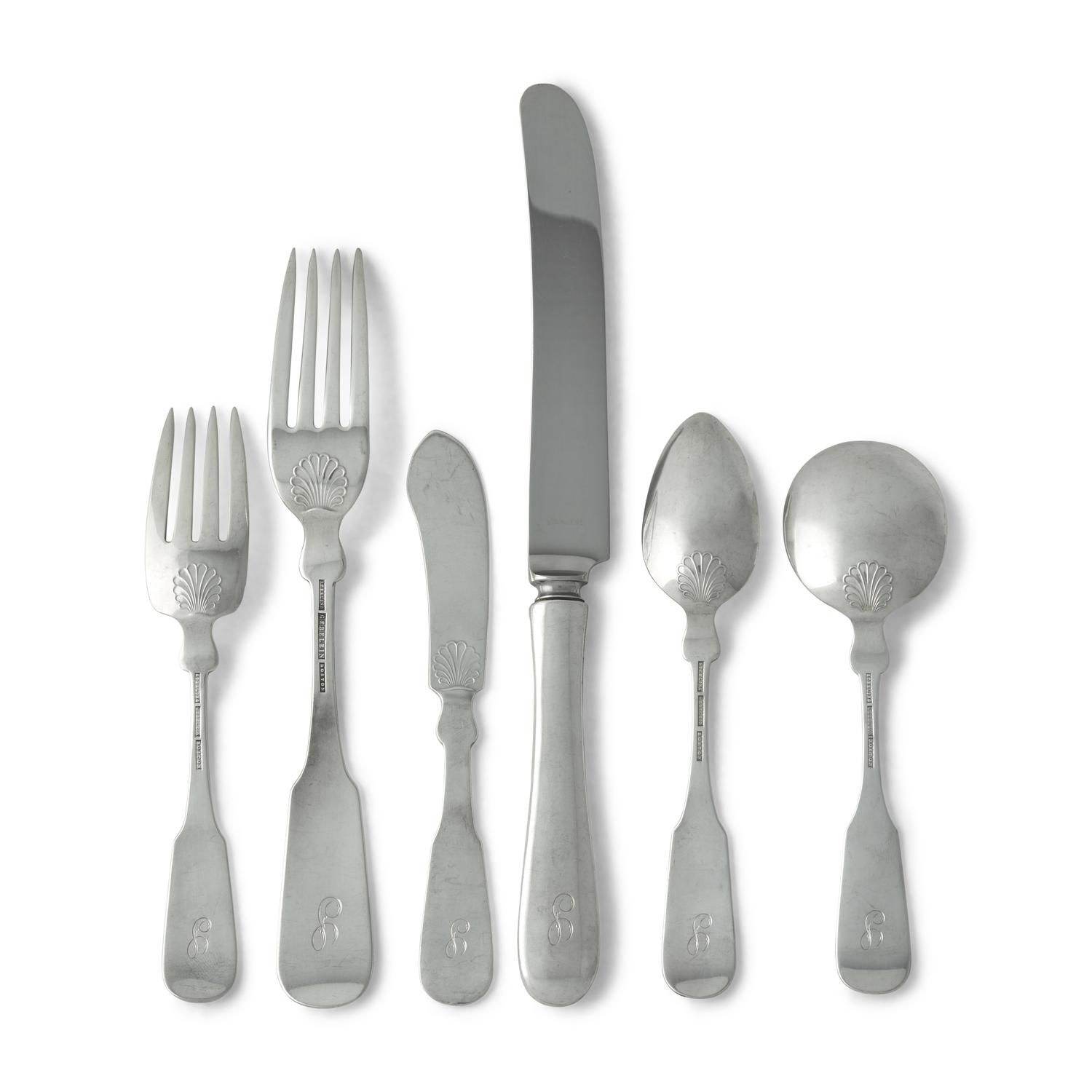 A Federal Style Sterling Silver Flatware Service with Cast Flower Baskets