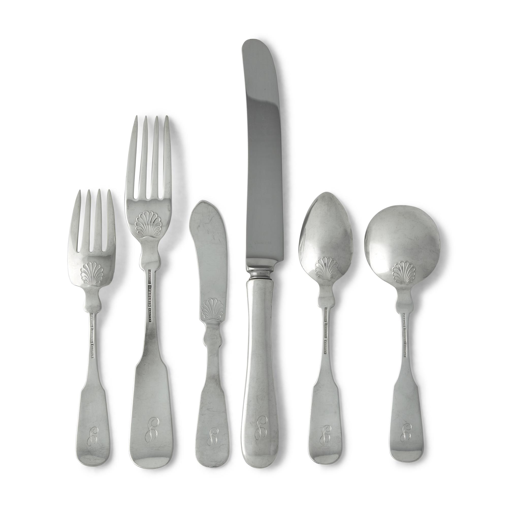 A Federal Style Sterling Silver Flatware Service with Cast Flower Baskets