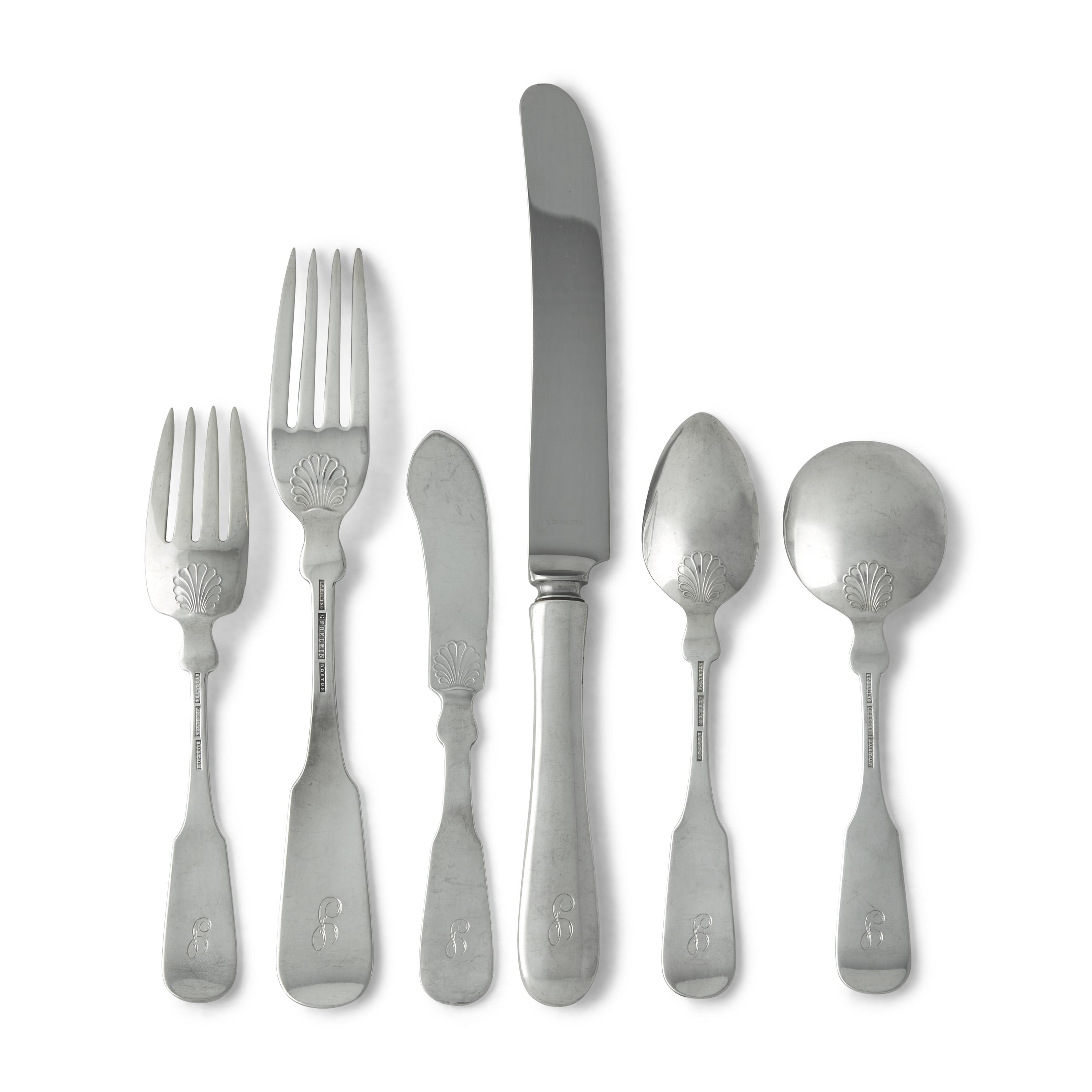 A Federal Style Sterling Silver Flatware Service with Cast Flower Baskets