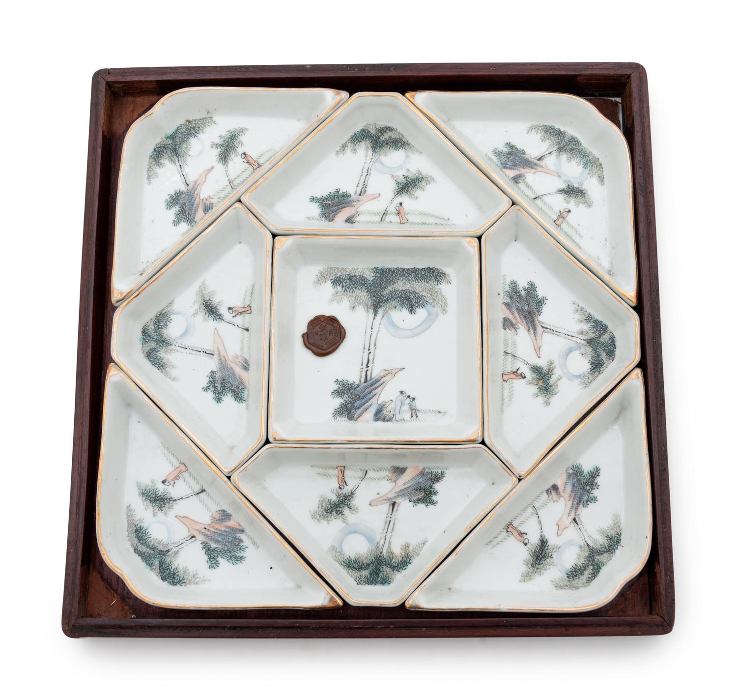A Chinese Qianjiang Enameled 'Landscape' Sweet Meat Dish Set