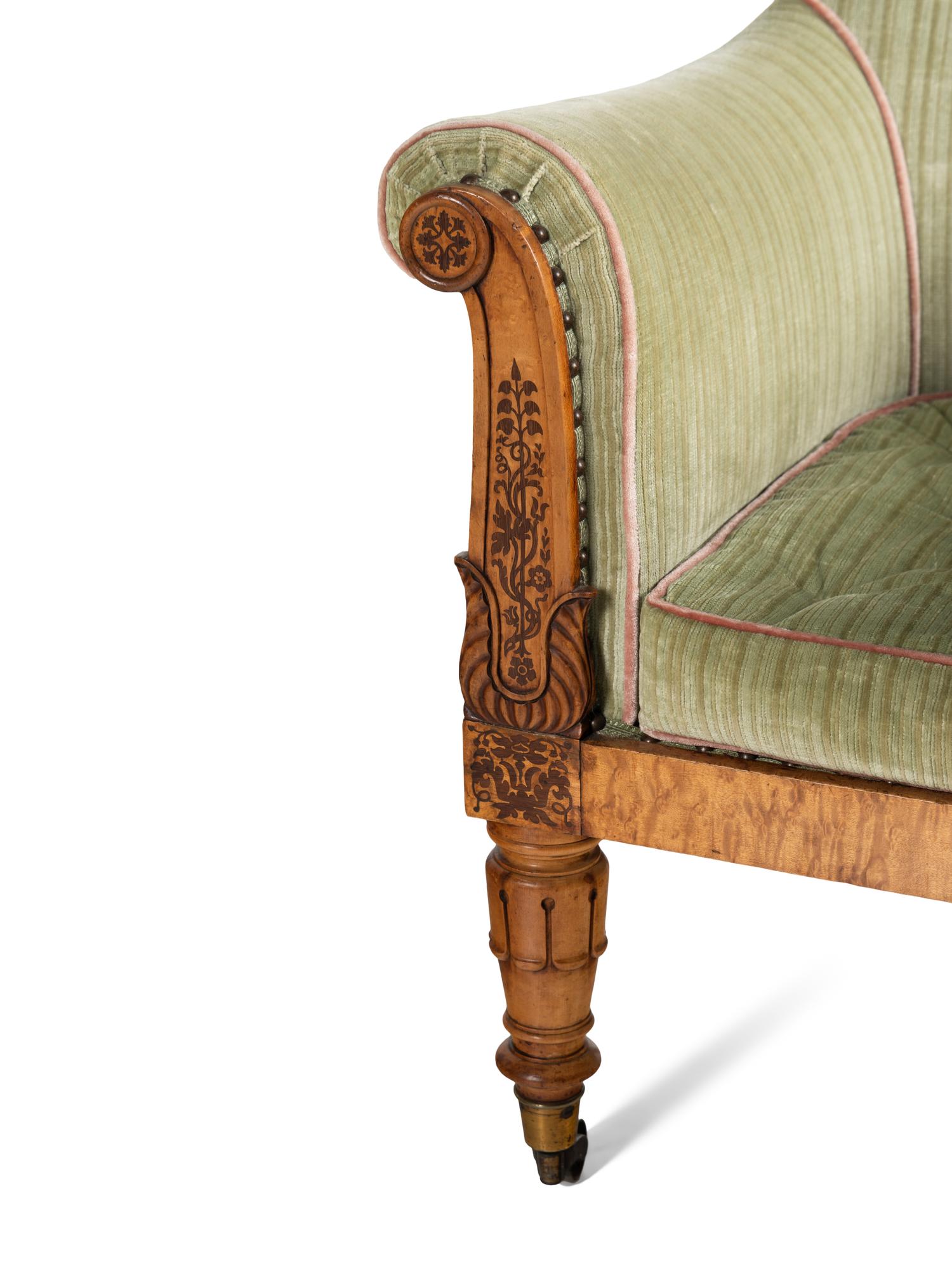 A Pair of Regency Birds-Eye Maple and Marquetry Bergères