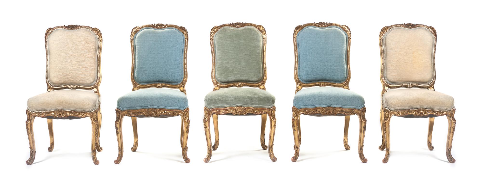 A Set of Five Louis XV Style Giltwood Side Chairs, Height 39 inches.
