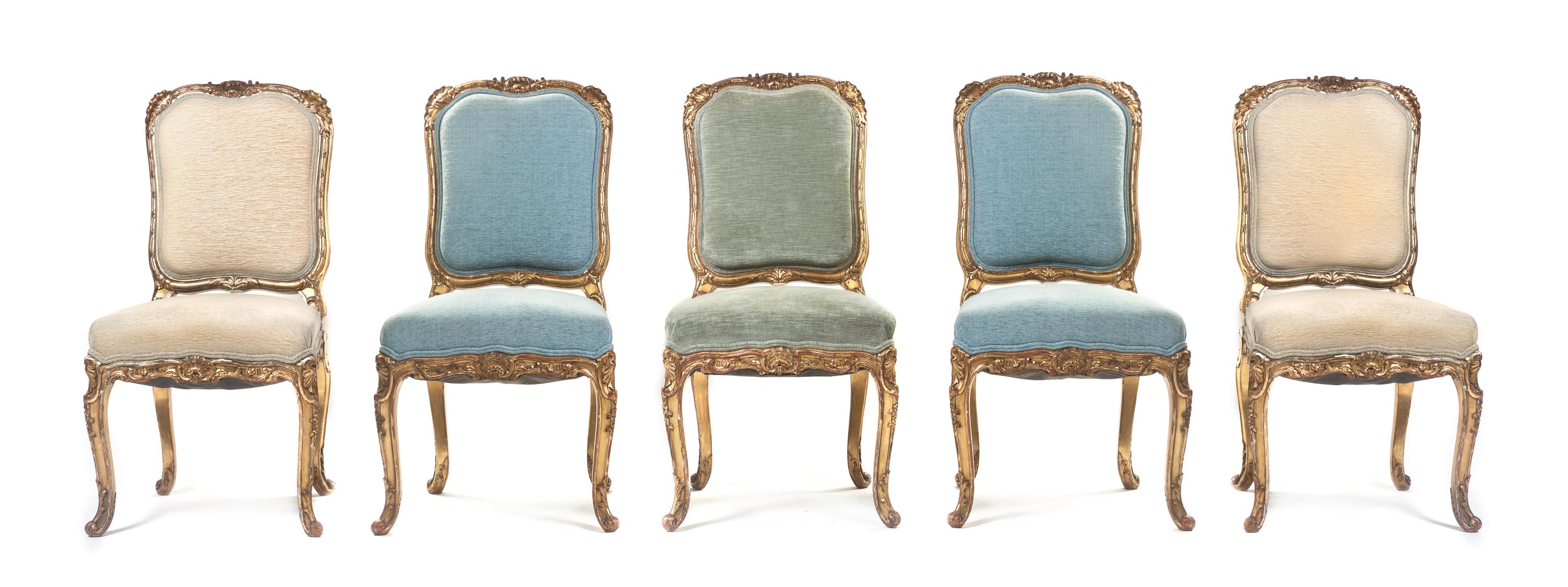 A Set of Five Louis XV Style Giltwood Side Chairs, Height 39 inches.