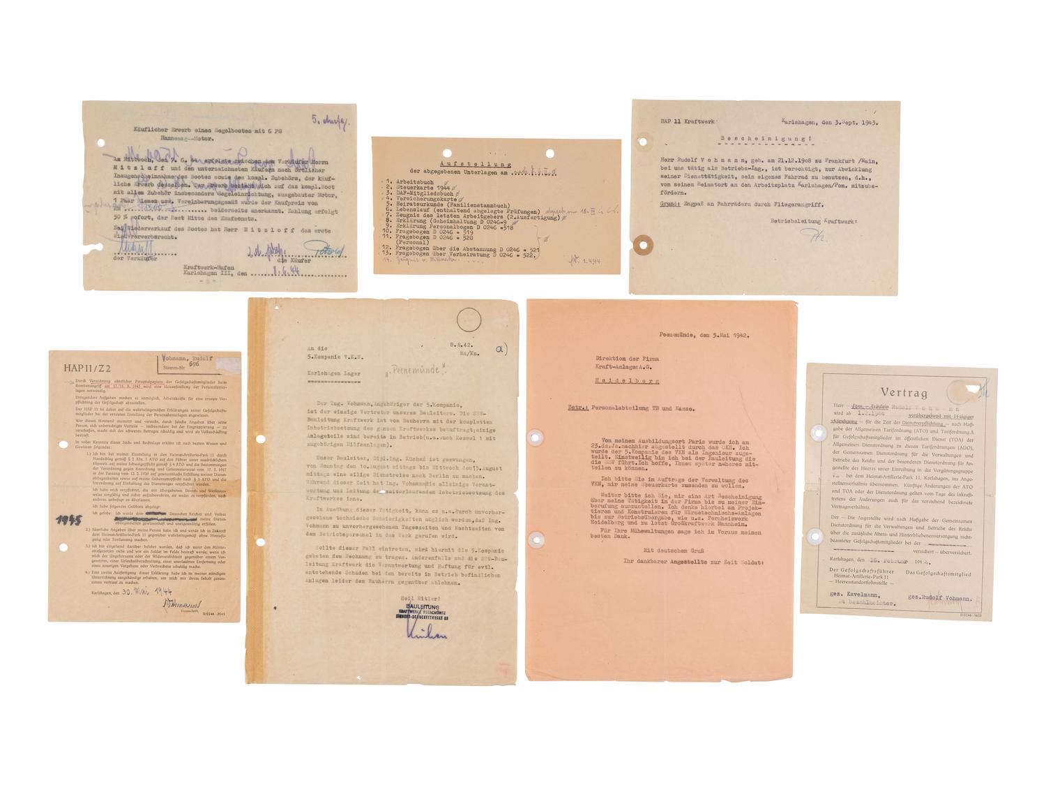 [PEENEMÜNDE ARMY RESEARCH CENTER]. A large group of documents relating to the employment of Rudolf Vohmann at the Peenemünde power station. Mostly Karlshagen or Peenemünde, ca 1940-1945.