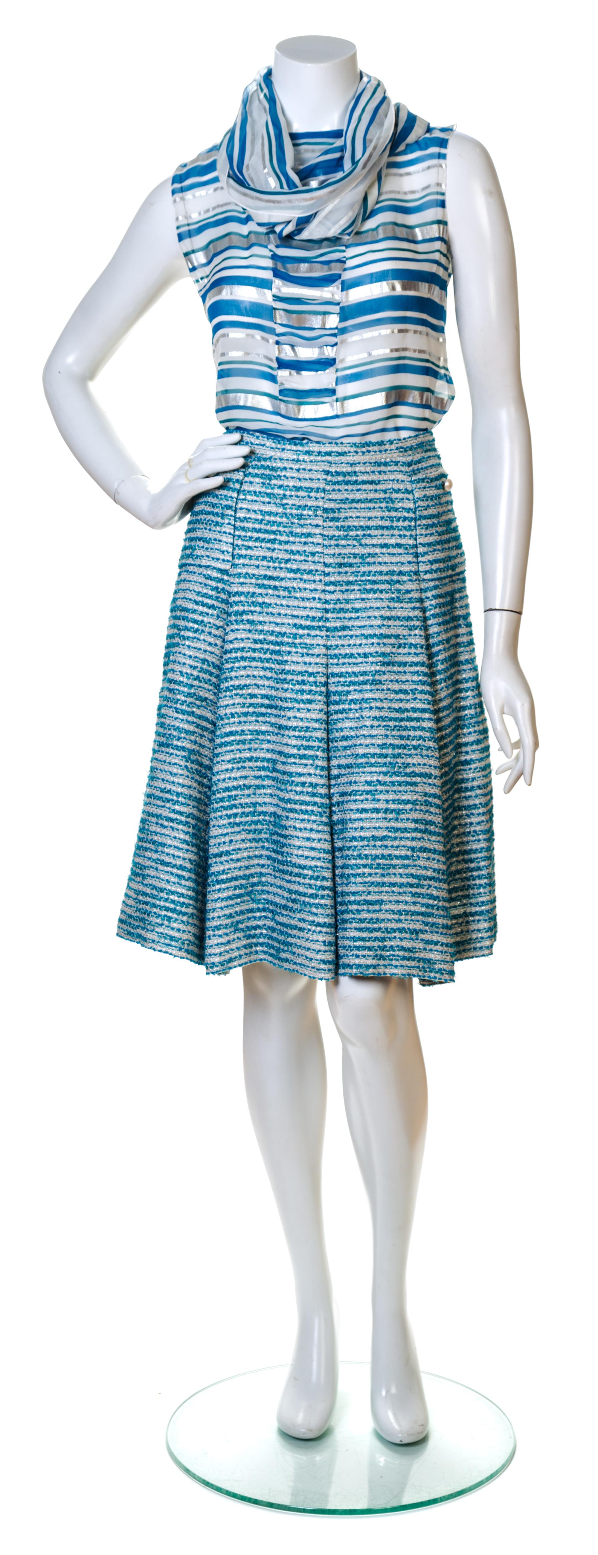 A Chanel Blue and Silver Boucle Skirt Ensemble, Size 38.