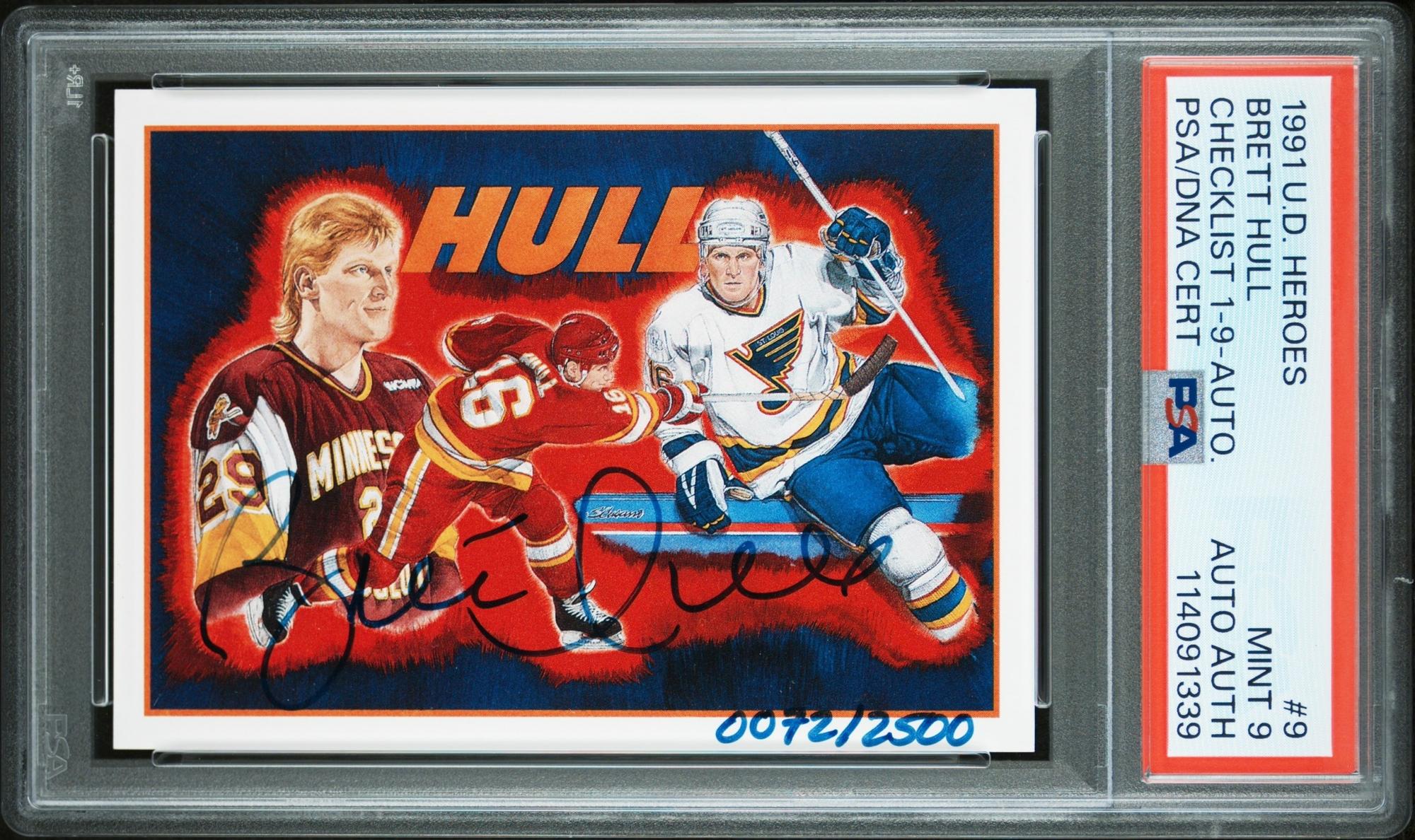 A 1991 Upper Deck Brett Hull Signed Autograph Hockey Heroes Card No. 9 (72/2,500) PSA 9 MINT
