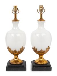 A Pair of Gilt Metal Mounted Opaline Glass Vases Mounted as Lamps