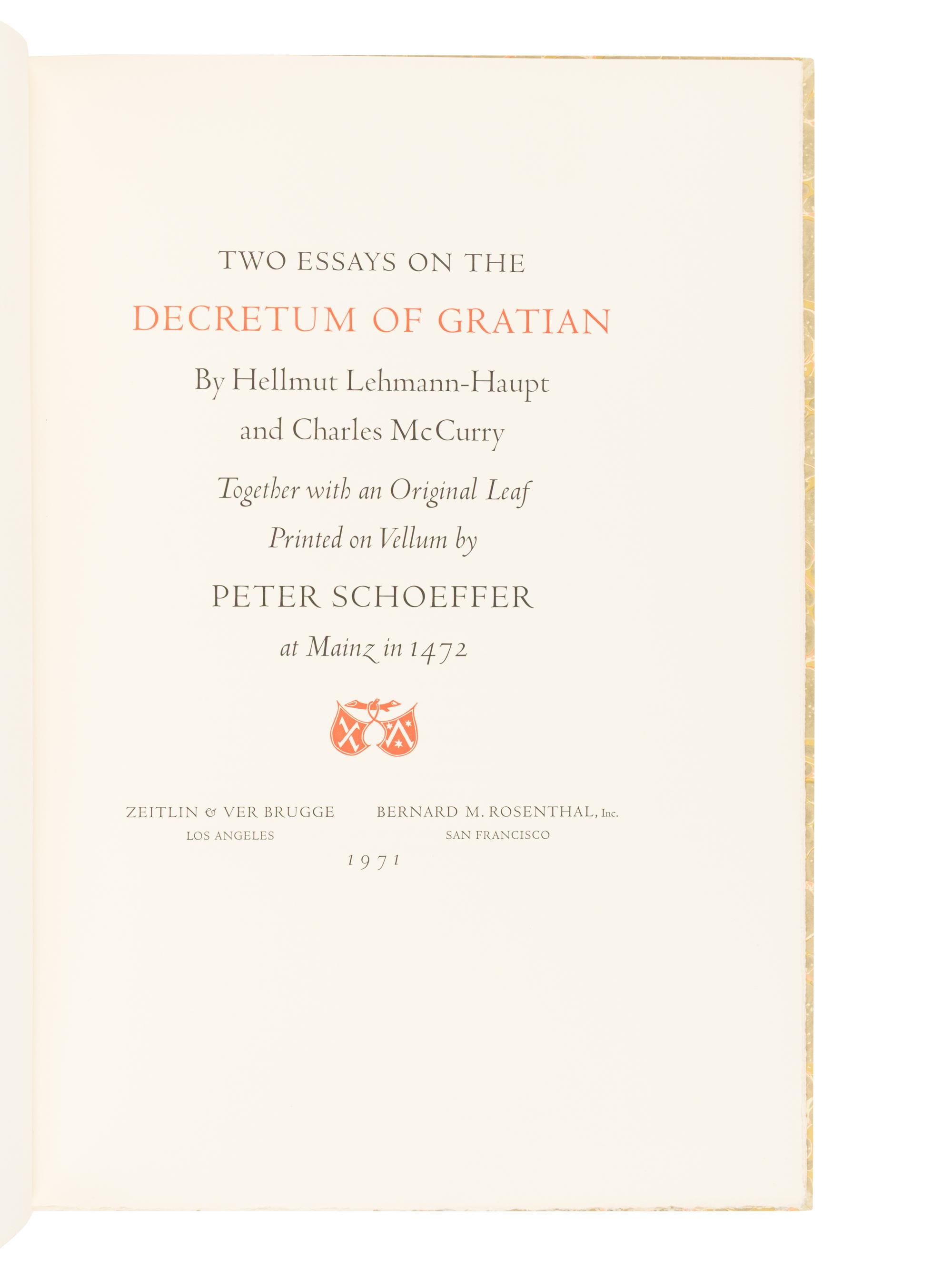 [LEAF BOOK - PETER SCHOEFFER]. Two Essays on the Decretum of Gratian...Together with an Original Leaf Printed on Vellum by Peter Schoeffer at Mainz in 1472. Los Angeles and San Francisco: The Plantin Press for Zeitlin & Ver Brugge; and Bernard M. Rosenthal, 1971.