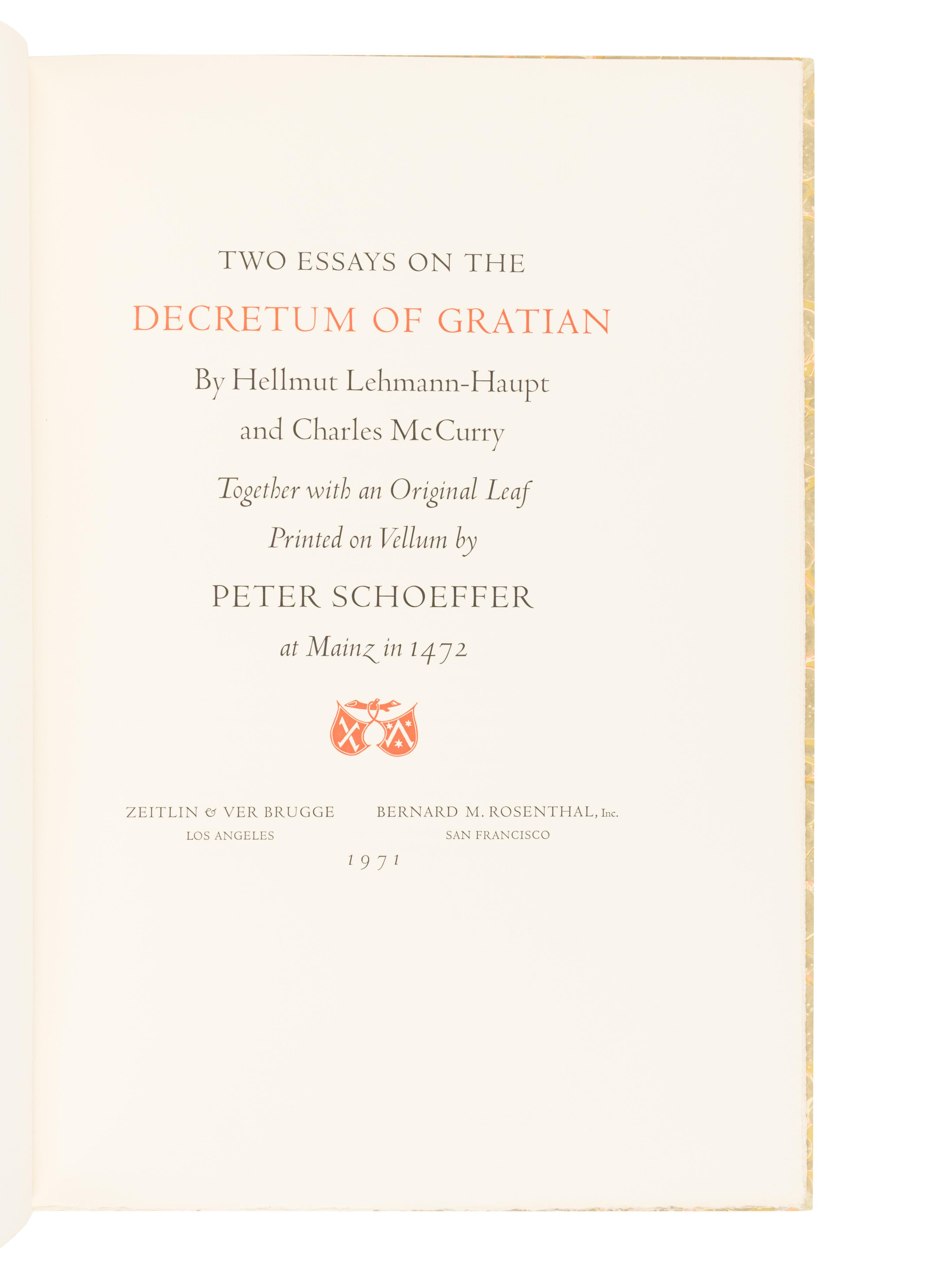 [LEAF BOOK - PETER SCHOEFFER]. Two Essays on the Decretum of Gratian...Together with an Original Leaf Printed on Vellum by Peter Schoeffer at Mainz in 1472. Los Angeles and San Francisco: The Plantin Press for Zeitlin & Ver Brugge; and Bernard M. Rosenthal, 1971.