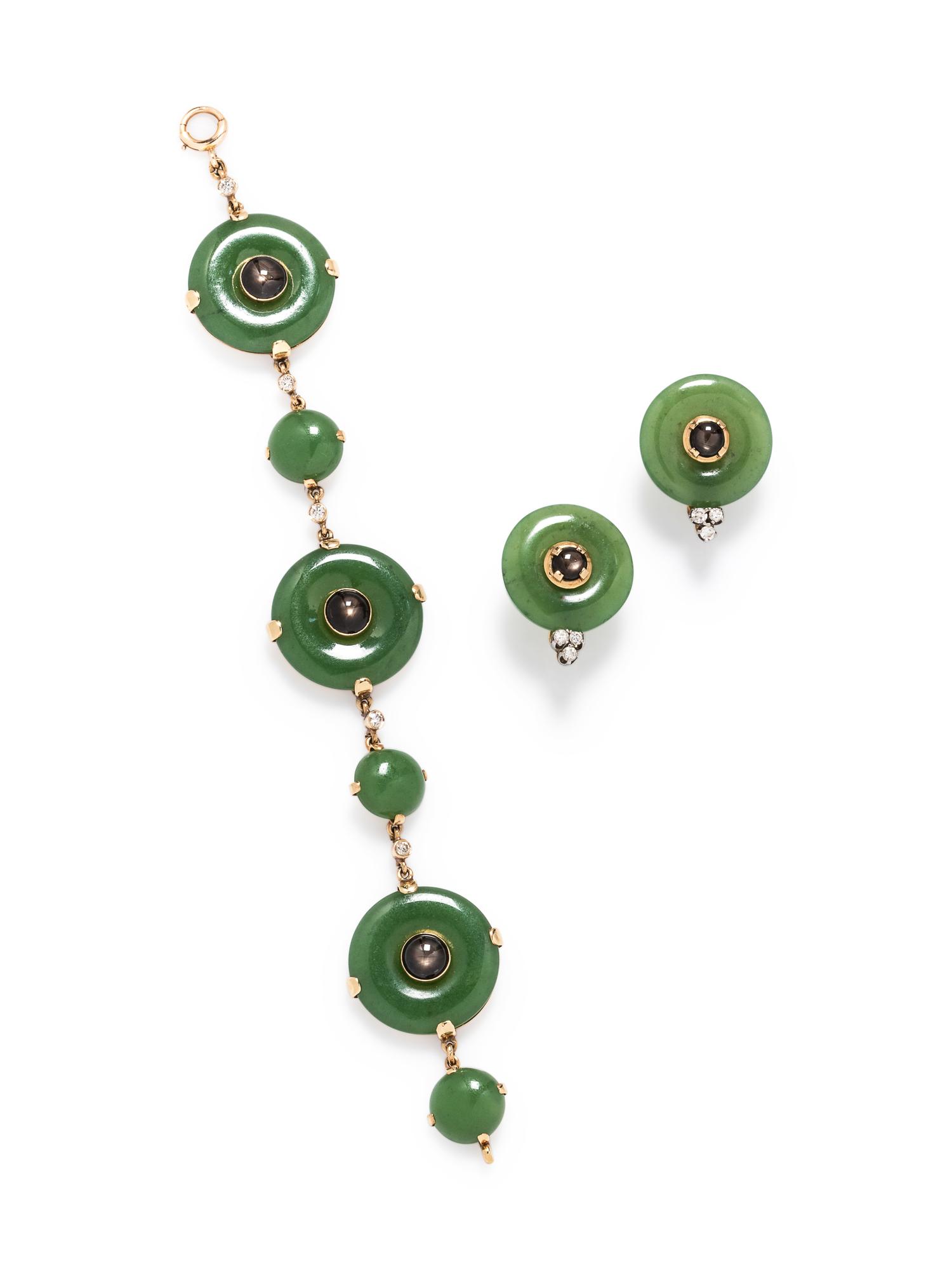 A Yellow Gold, Diamond, Star Sapphire and Nephrite Demi-Parure,