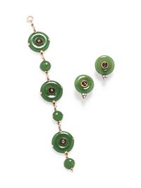 A Yellow Gold, Diamond, Star Sapphire and Nephrite Demi-Parure,