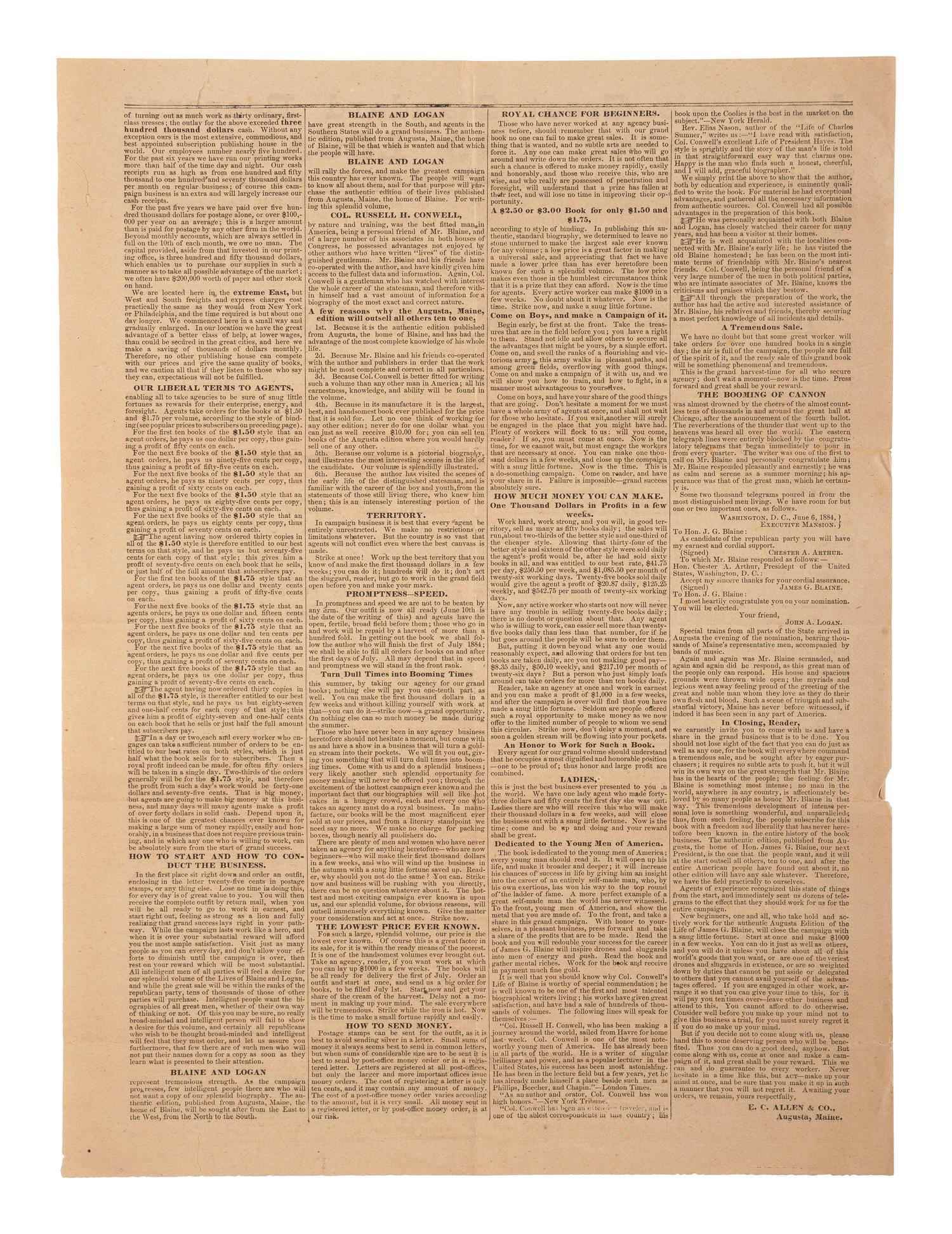 [1884 ELECTION]. -- [BLAINE, James G.]. Broadsides from the 1884 Blaine and Logan campaign including "The Republican Ticket" with jugate portraits.