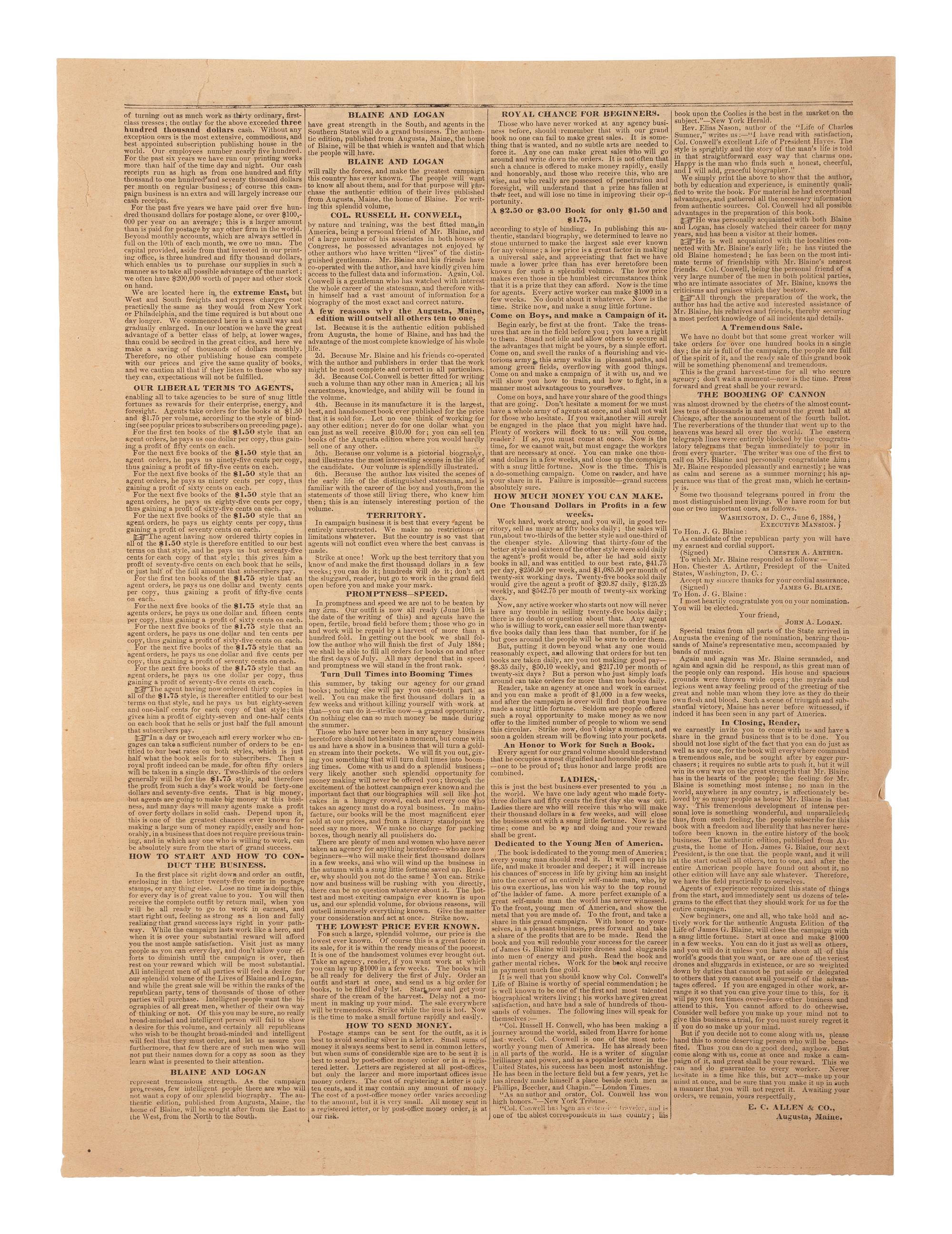 [1884 ELECTION]. -- [BLAINE, James G.]. Broadsides from the 1884 Blaine and Logan campaign including "The Republican Ticket" with jugate portraits.