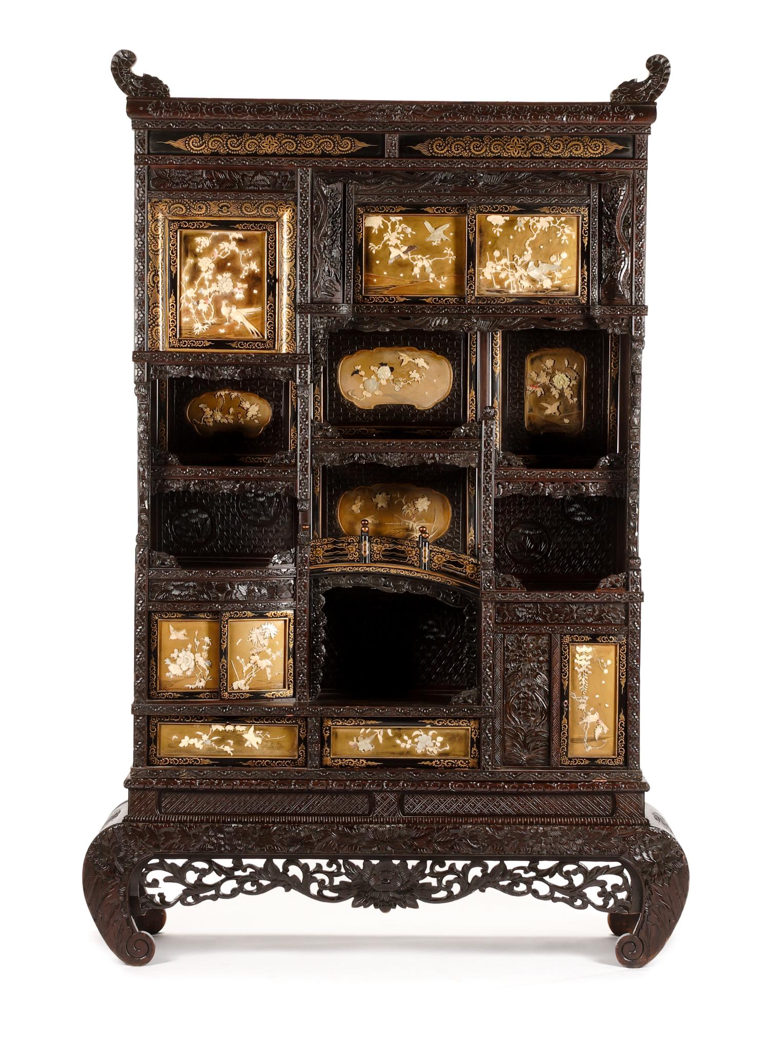 A Japanese Inlaid Lacquered Cabinet on Stand Height 82 x width 54 1/2 x depth 14 inches.