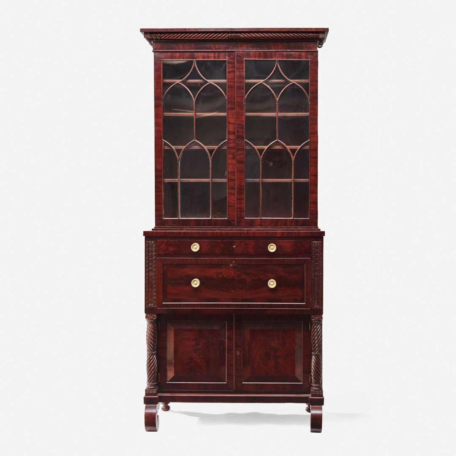 A Classical figured mahogany and bird's eye maple secretary bookcase Attributed to Anthony G. Quervelle (1789-1856), Philadelphia, PA, circa 1830