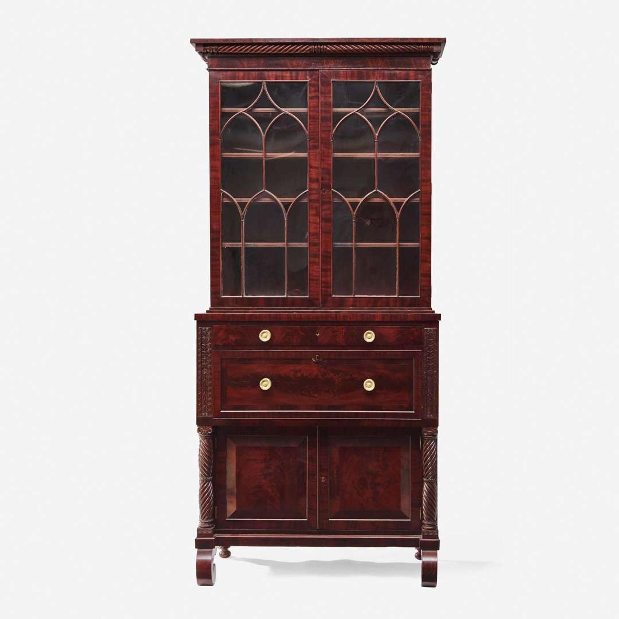 A Classical figured mahogany and bird's eye maple secretary bookcase Attributed to Anthony G. Quervelle (1789-1856), Philadelphia, PA, circa 1830