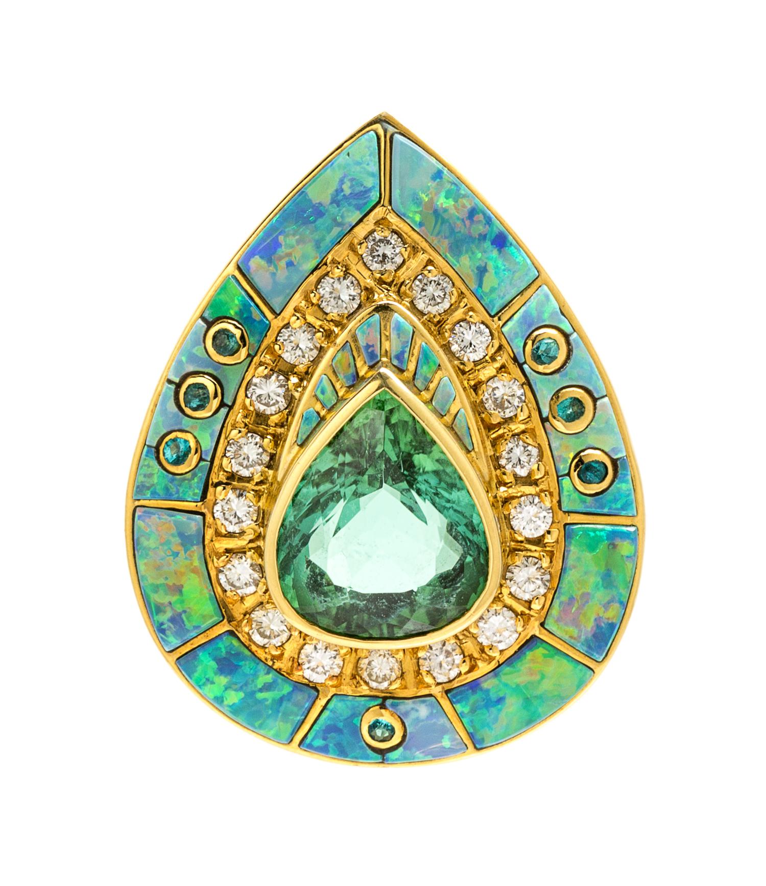 An 18 Karat Yellow Gold, Tourmaline, Opal, Diamond and Aquamarine Pendant/Enhancer, David Freeland Jr., 8.8 dwts.