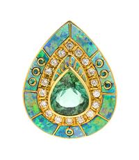 An 18 Karat Yellow Gold, Tourmaline, Opal, Diamond and Aquamarine Pendant/Enhancer, David Freeland Jr., 8.8 dwts.