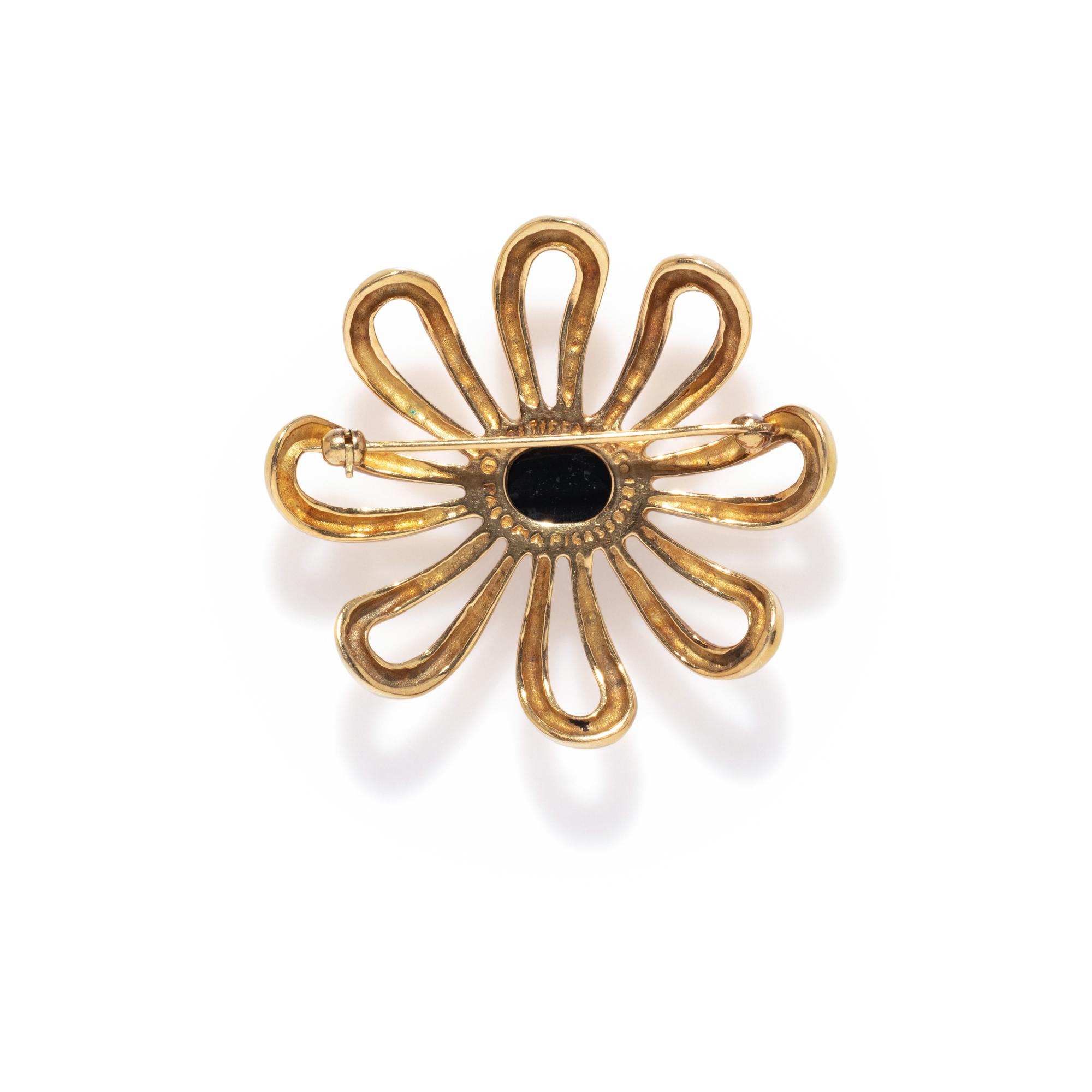 TIFFANY & CO., PALOMA PICASSO, YELLOW GOLD AND ONYX FLOWER BROOCH