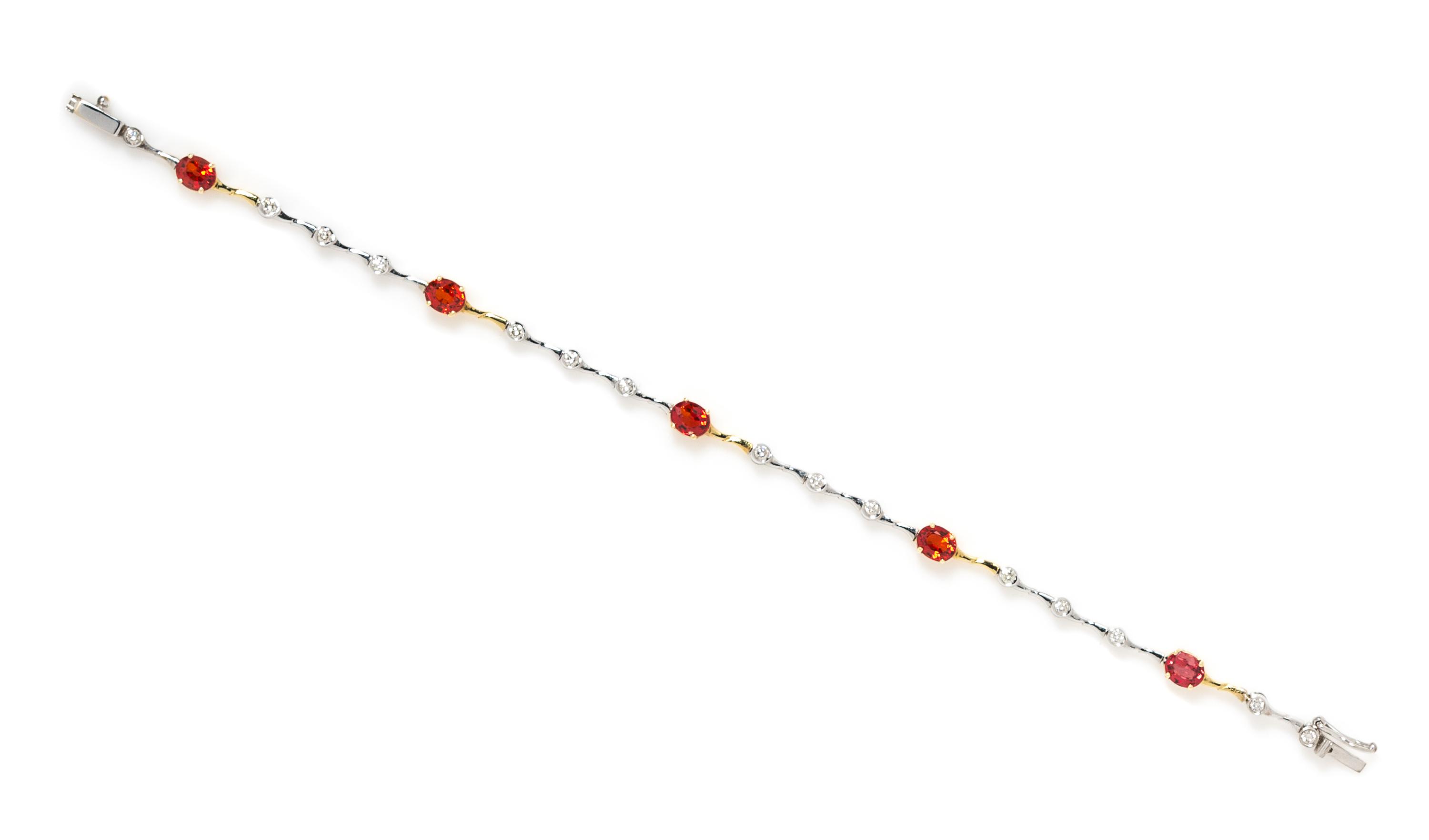 A Bicolor Gold, Spessartine Garnet and Diamond Line Bracelet, 4.40 dwts.