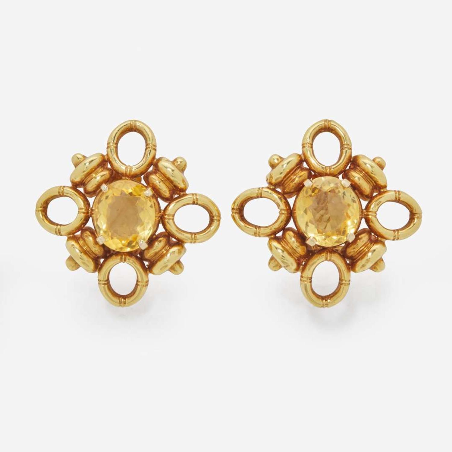 A Pair of 18K Yellow Gold and Citrine Tiffany & Co. Ear Clips