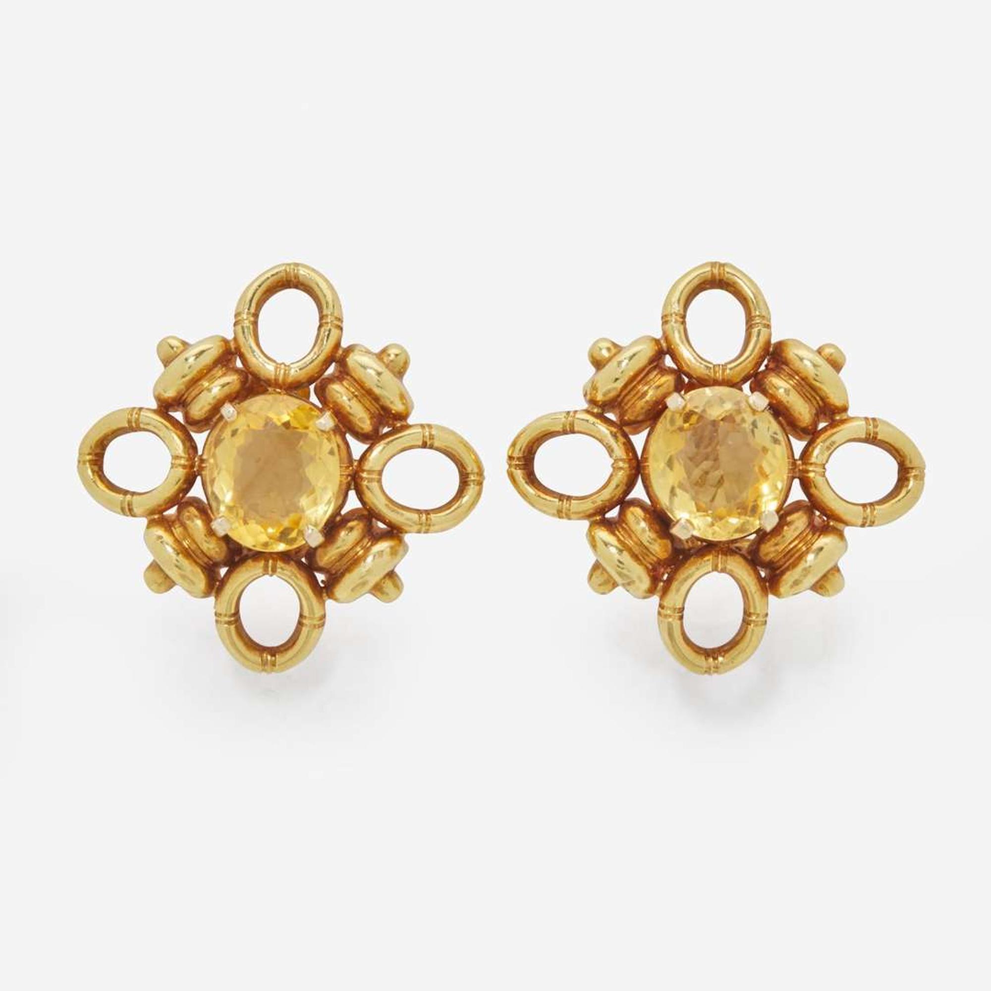 A Pair of 18K Yellow Gold and Citrine Tiffany & Co. Ear Clips