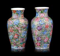 A Pair of Chinese Famille Rose Porcelain 'Millefleur' Vases