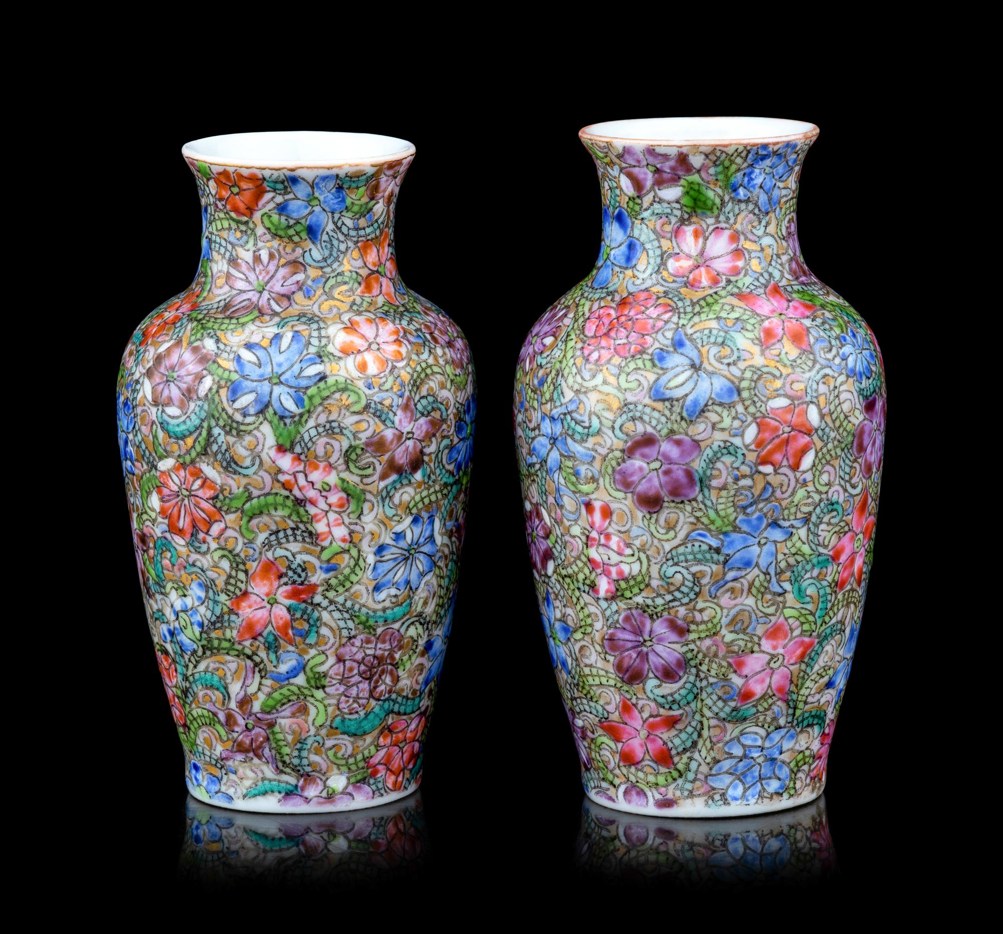A Pair of Chinese Famille Rose Porcelain 'Millefleur' Vases