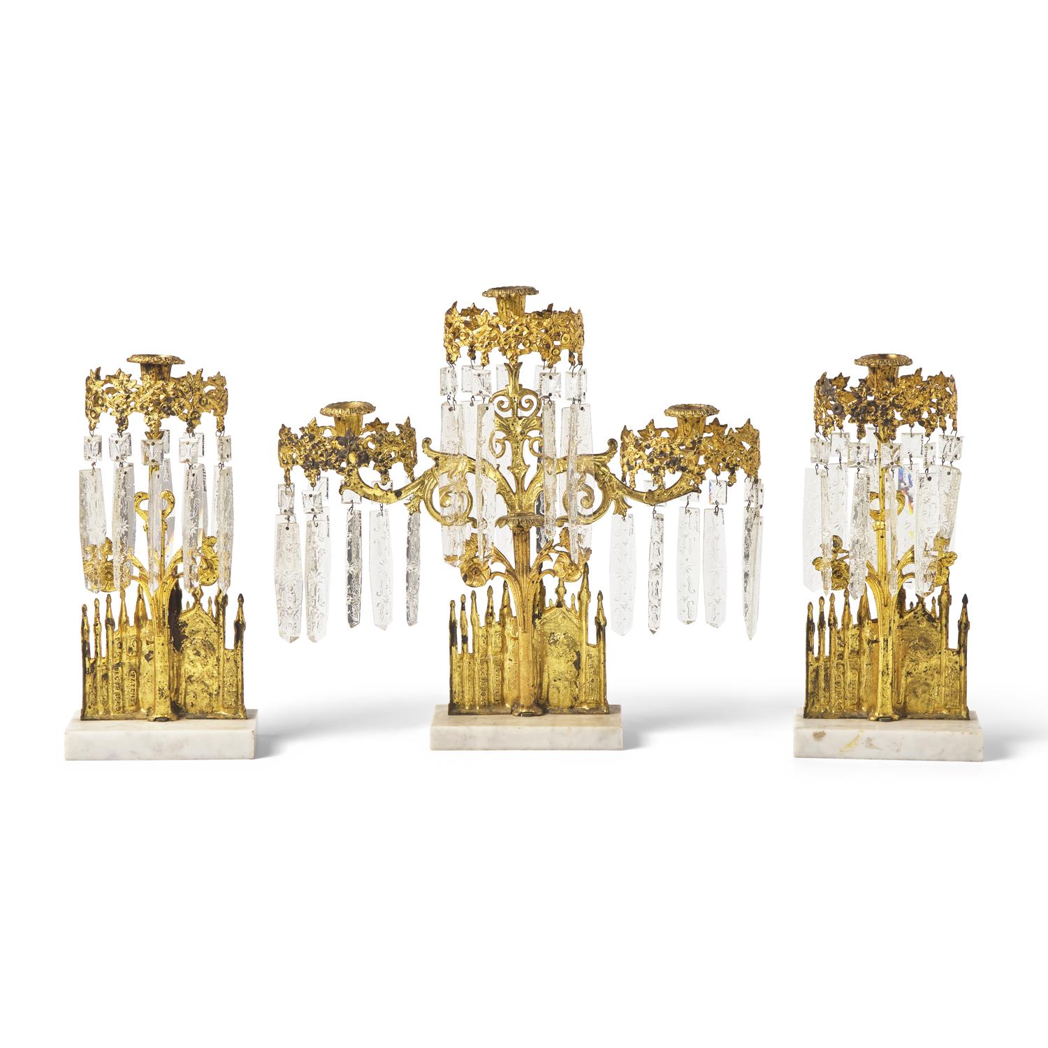 A Three-Piece Cast Brass, Marble, and Glass Girandole Garniture Depicting Bigelow Chapel at Mount Auburn Cemetery, Cambridge, Massachusetts