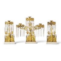 A Three-Piece Cast Brass, Marble, and Glass Girandole Garniture Depicting Bigelow Chapel at Mount Auburn Cemetery, Cambridge, Massachusetts