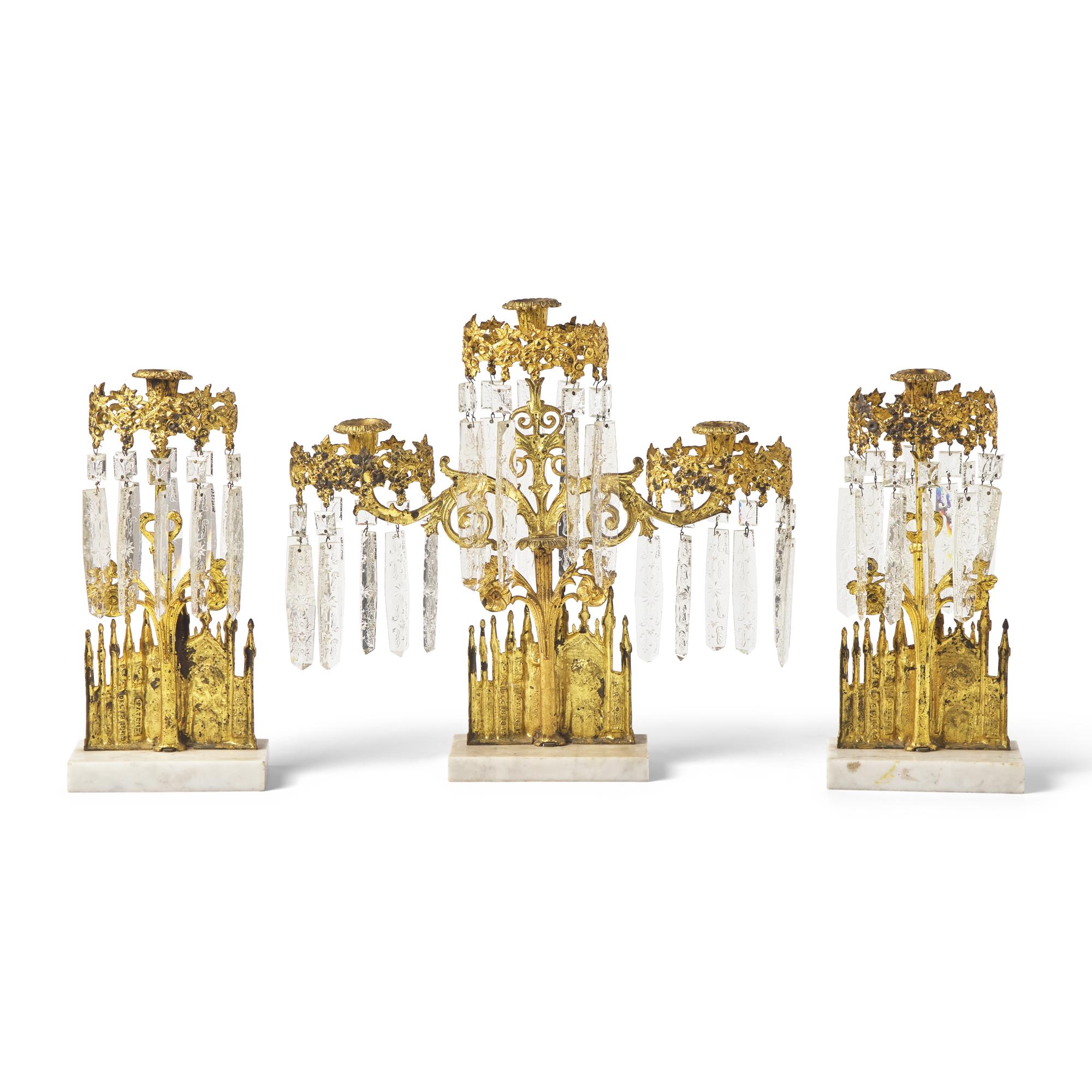 A Three-Piece Cast Brass, Marble, and Glass Girandole Garniture Depicting Bigelow Chapel at Mount Auburn Cemetery, Cambridge, Massachusetts