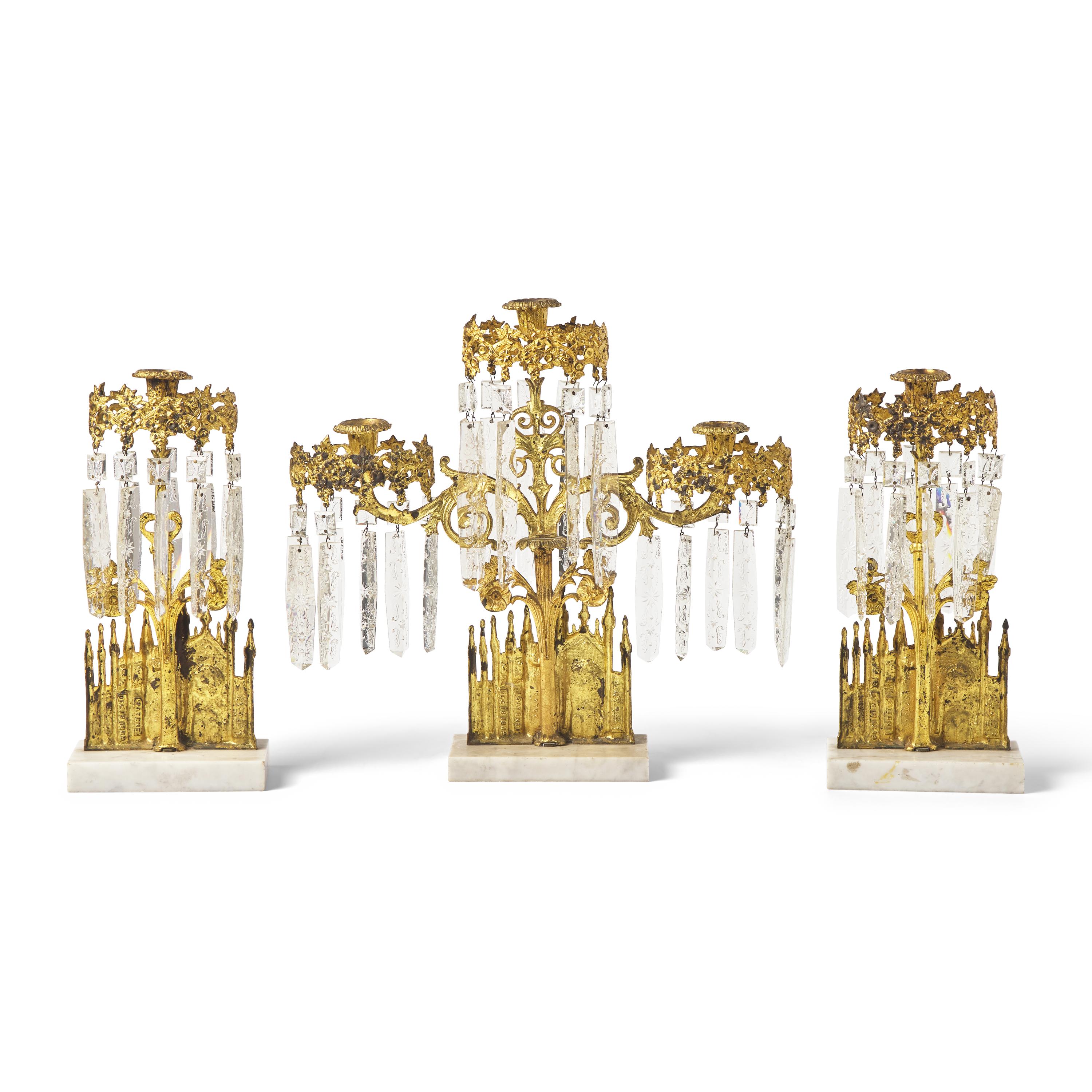 A Three-Piece Cast Brass, Marble, and Glass Girandole Garniture Depicting Bigelow Chapel at Mount Auburn Cemetery, Cambridge, Massachusetts