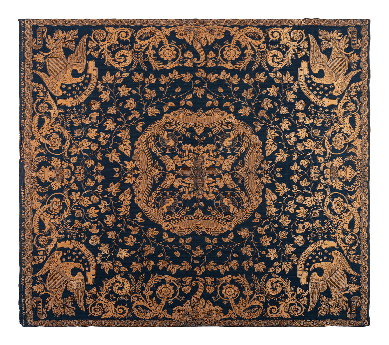 A Blue and White Jacquard Woven Liberty Coverlet