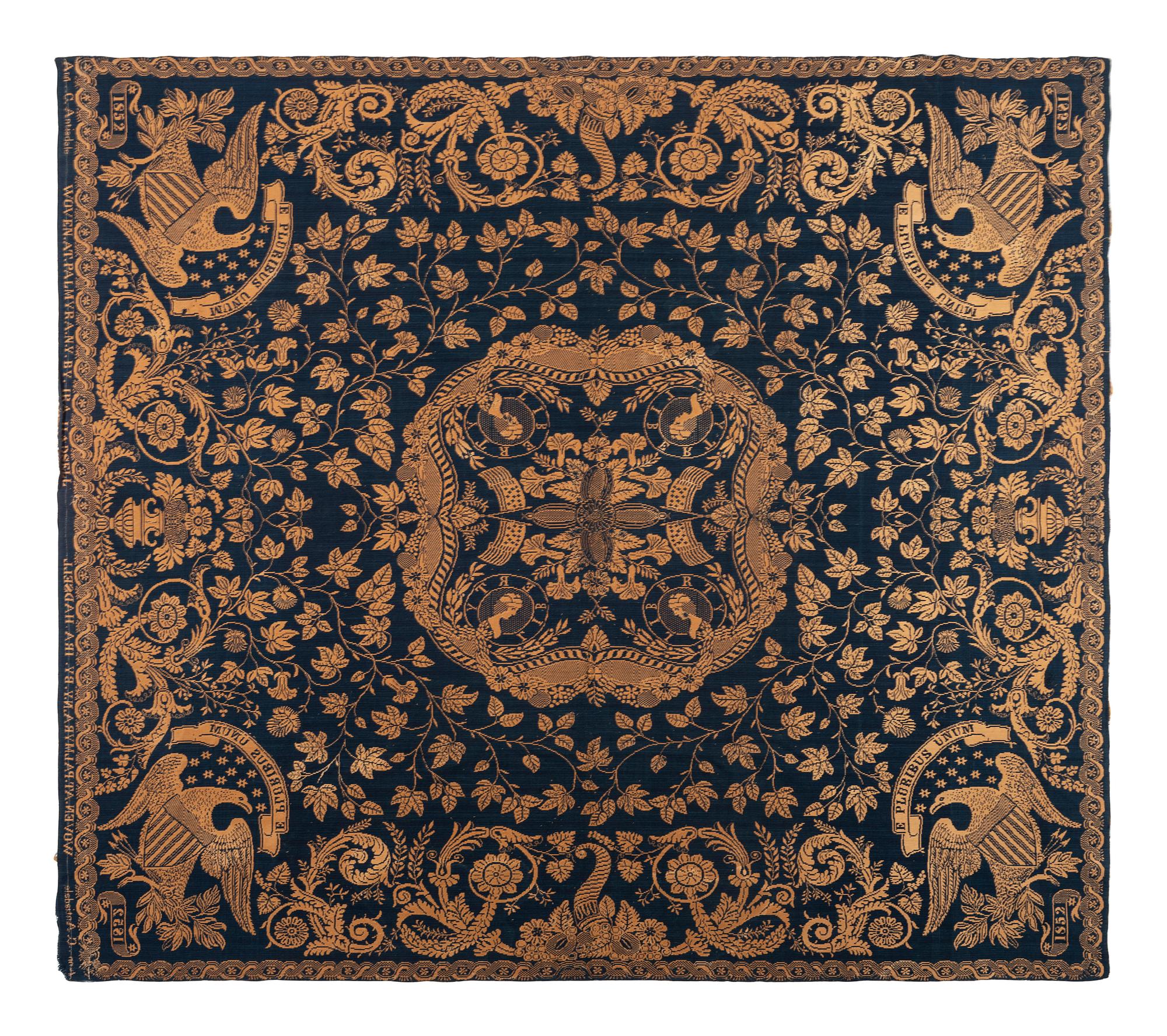 A Blue and White Jacquard Woven Liberty Coverlet