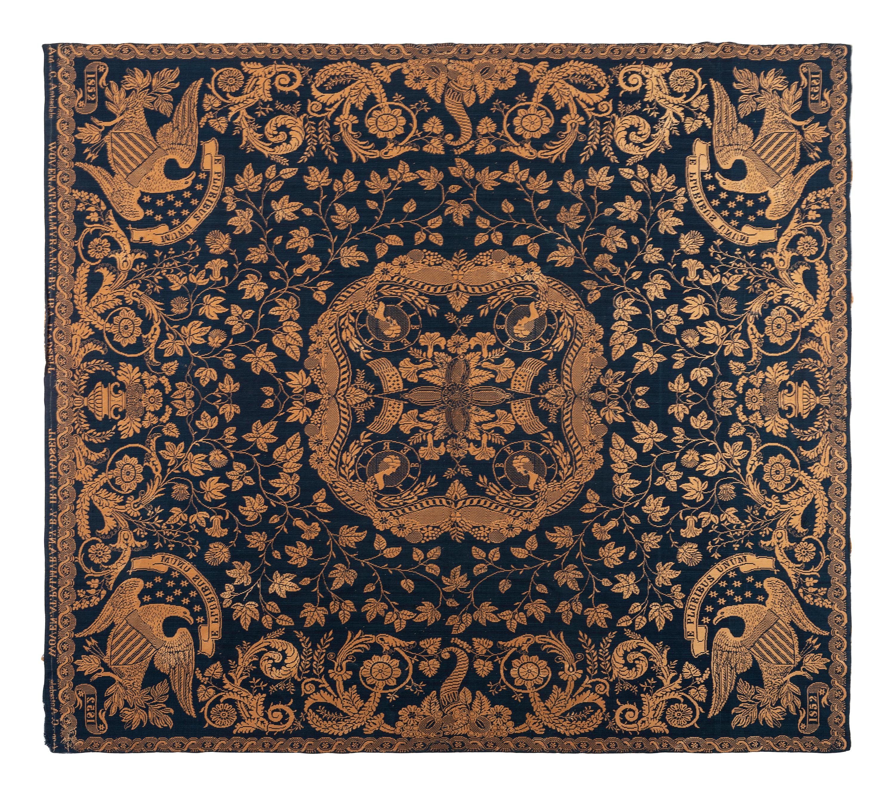 A Blue and White Jacquard Woven Liberty Coverlet