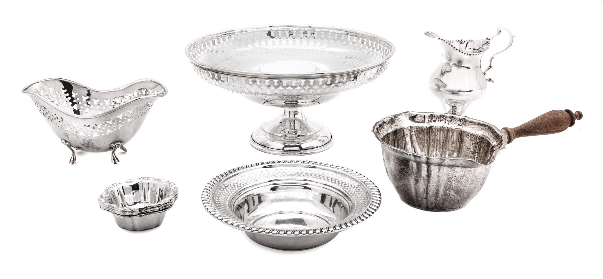 A Collection of Nine American Silver Articles, Various Makers, comprising 3 reticulated bowls, 1 creamer, 1 treen handled sauce ladle,